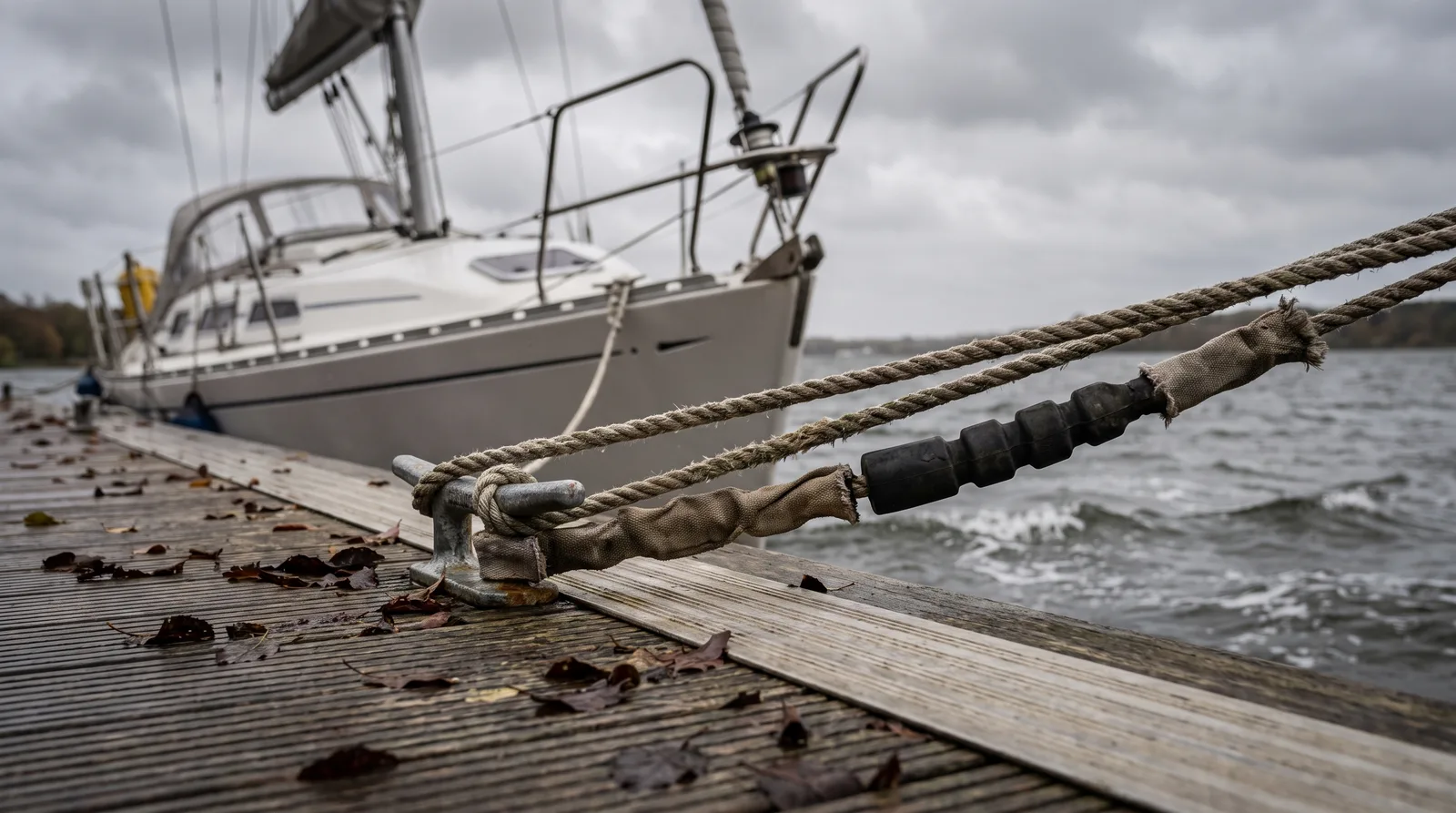 Zwei straff stehende Festmacher mit Scheuerschutz und Ruckdämpfer an einer Klampe auf einem nassen Holzsteg, im Hintergrund unscharf eine leere Segelyacht bei grauem Wasser mit Schaumkronen, Herbstlaub auf den Planken.