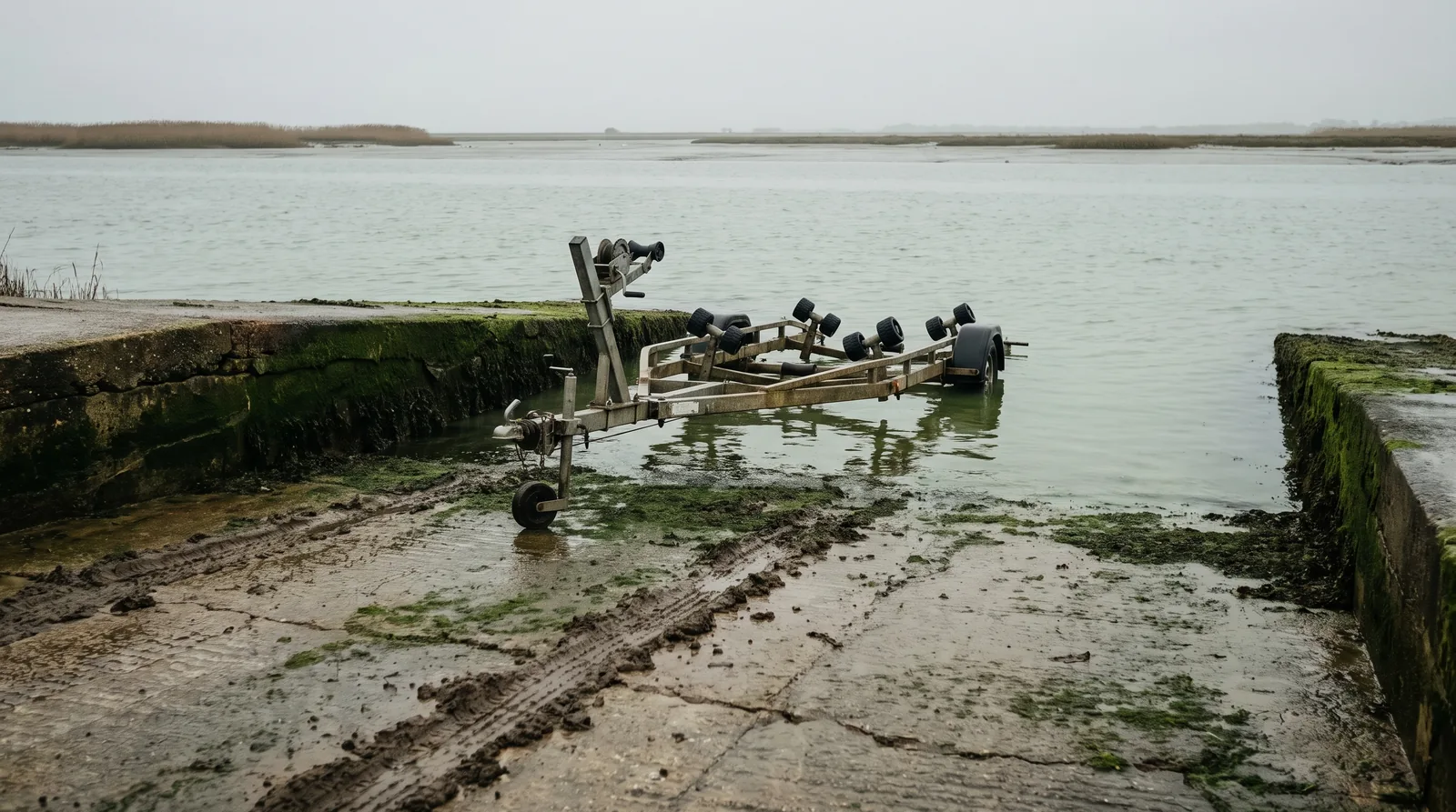 An empty boat trailer standing half submerged on an algae covered concrete slipway