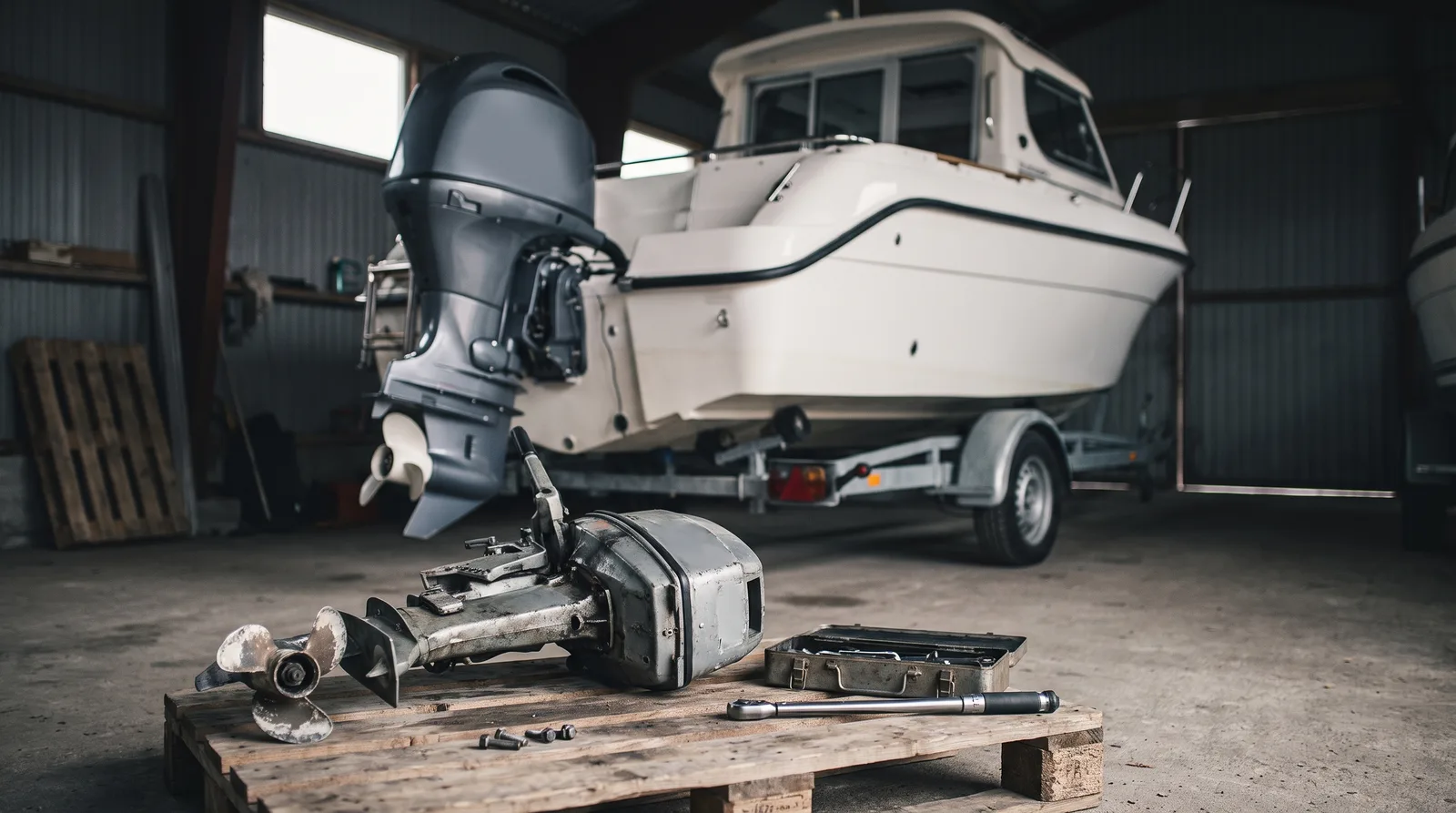 Winterhalle mit Betonboden: ein weißes Motorboot mit Kajüte steht auf einem verzinkten Trailer, am Spiegel hängt ein neuer, großer grauer Außenborder, davor liegt auf einer Holzpalette der ausgebaute ältere Außenborder mit abgenutztem Propeller, daneben Schrauben, ein Werkzeugkoffer und ein Drehmomentschlüssel