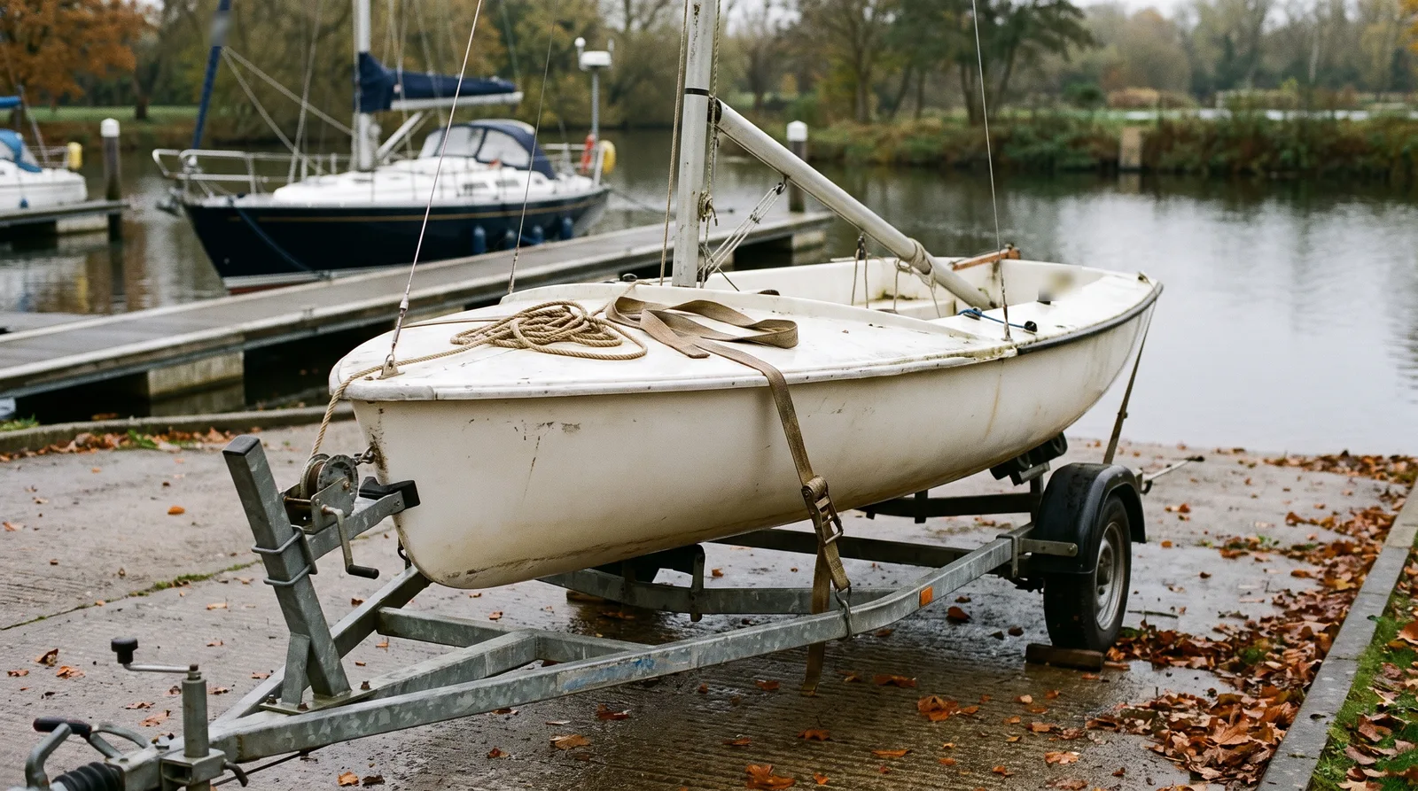 A white sailing dinghy with its mast up on a galvanised road trailer at the top of a wet slipway in autumn, a coiled line and a loose strap on the foredeck, a dark hulled cruising yacht soft in the background at a pontoon
