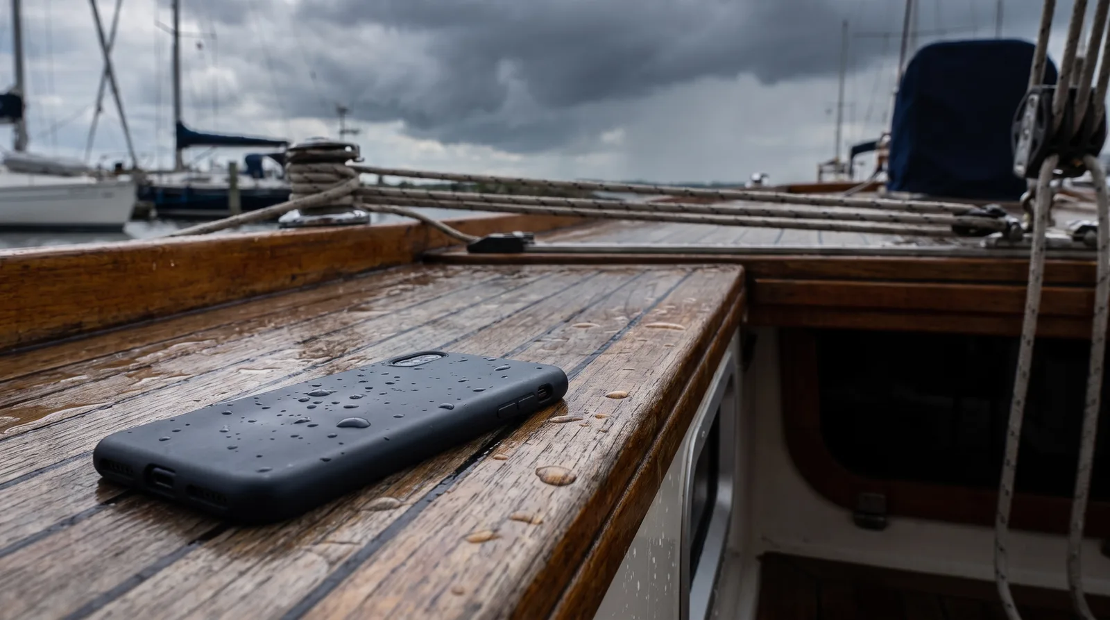 Ein Handy liegt mit dem Bildschirm nach unten auf der nassen Cockpitbank einer Segelyacht im Hafen, darüber Sturmwolken