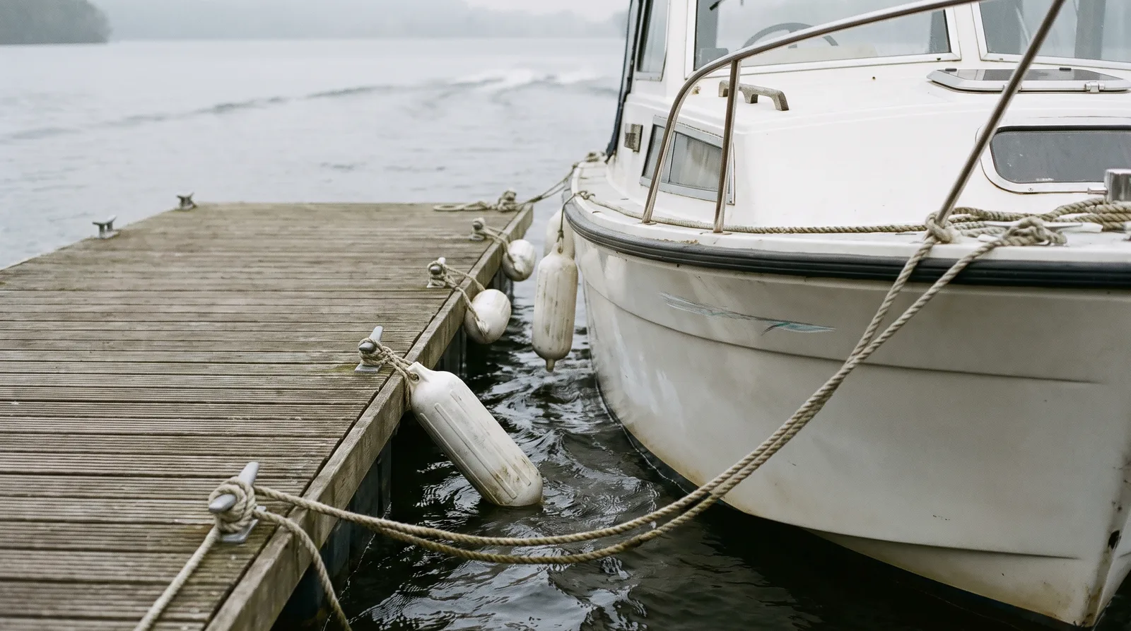 Bug eines weißen Kajütmotorboots an einem hölzernen Schwimmsteg auf einem See bei bedecktem Tageslicht: Festmacherleinen laufen zu Edelstahlklampen, mehrere weiße Fender hängen zwischen Rumpf und Steg, das Wasser ist bewegt, im Hintergrund unscharf die Spur einer Welle auf dem offenen See