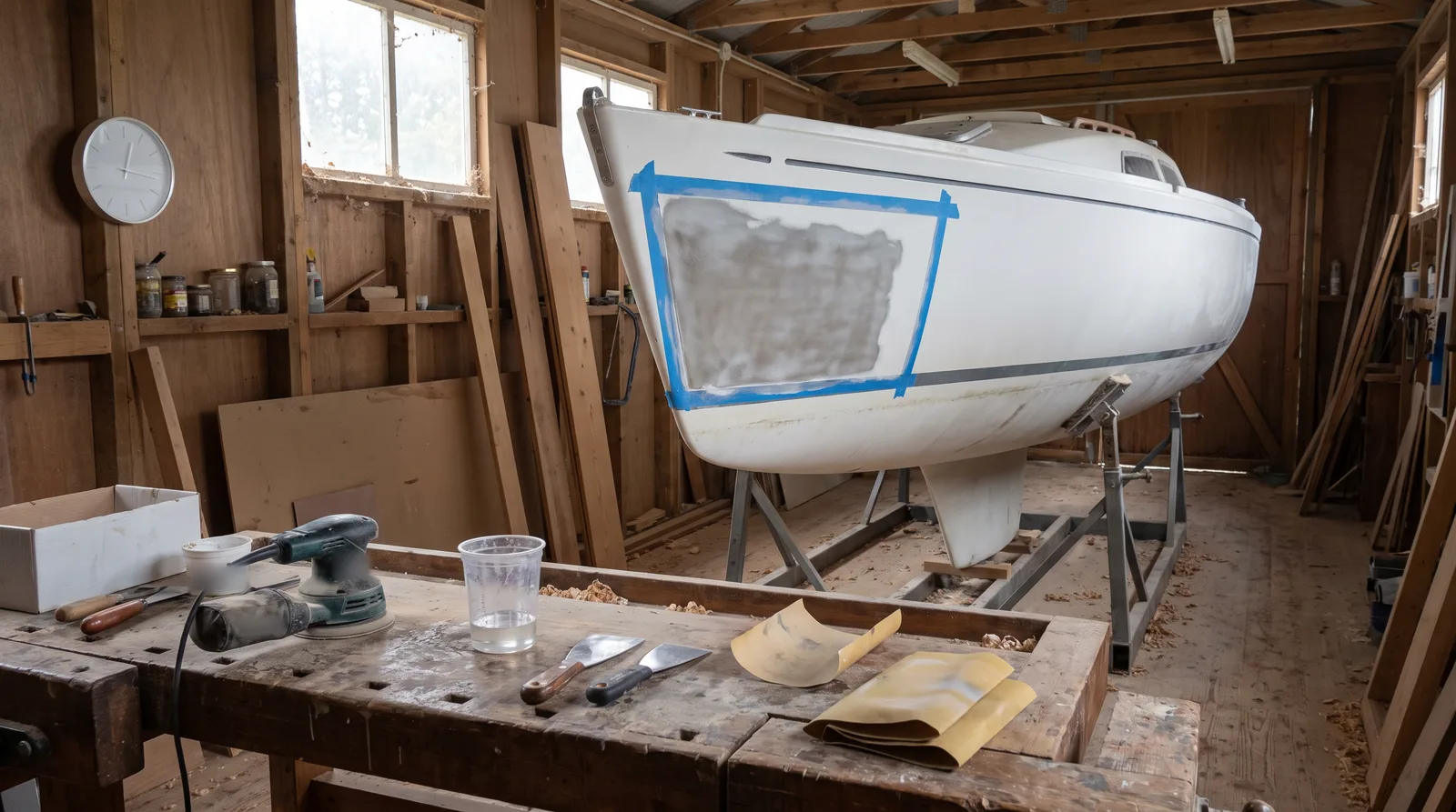 A white sailing yacht on steel cradles in a timber workshop, a sanded repair patch on the bow framed with blue tape, a workbench in front with an orbital sander, filler knives, sandpaper and a mixing cup, a clock on the wall
