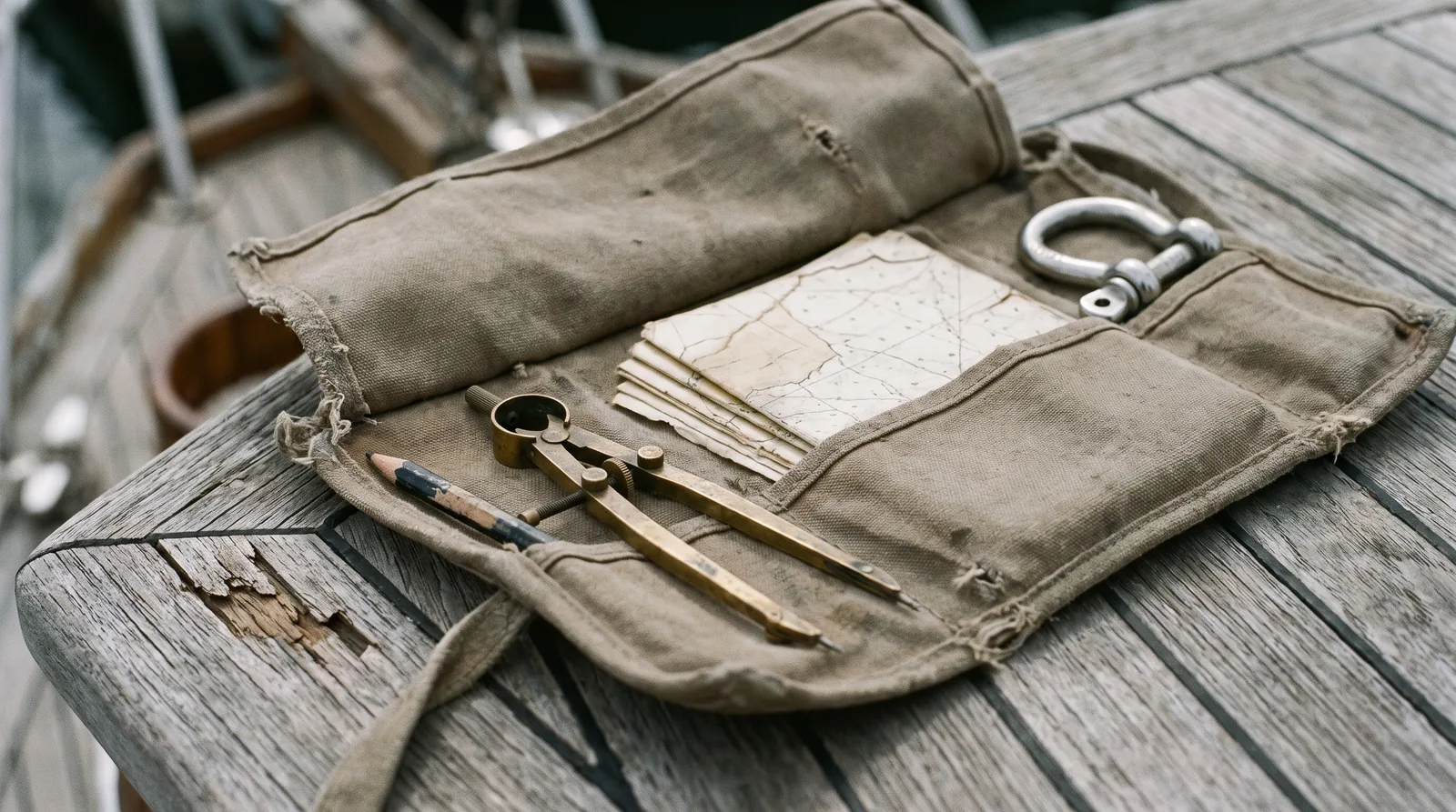 An open canvas tool roll on a teak deck with dividers and a folded chart