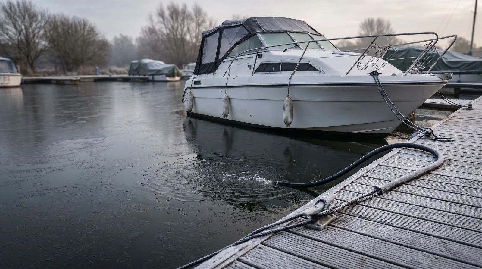 White motor cruiser with a cockpit cover at a wooden pontoon in winter: thin ice on dark water, the black hose of an air bubbler keeping a patch open beside the hull, frost on the planks and mooring lines, bare trees and covered boats behind