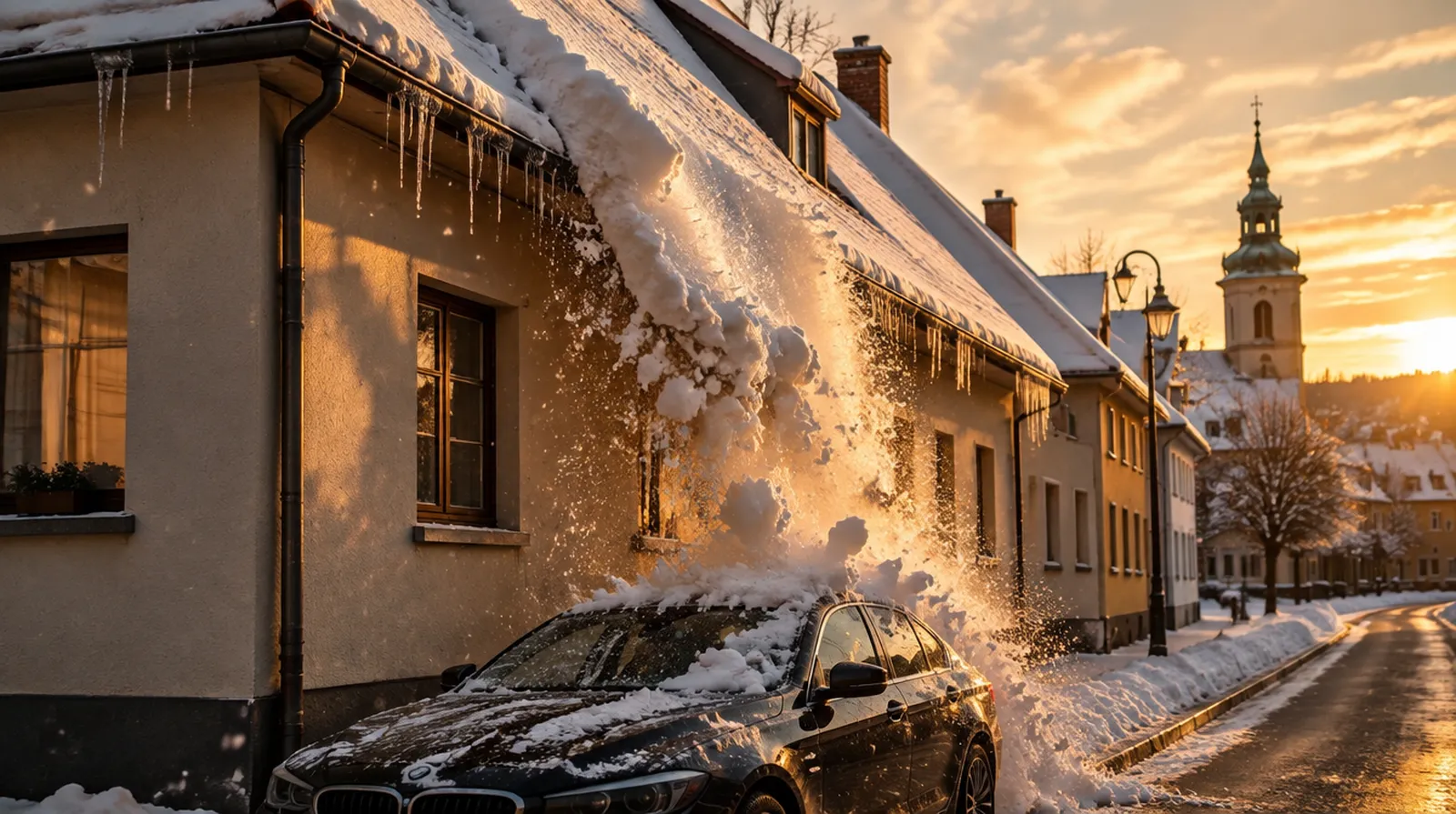 Who pays when snow falls off a roof onto my car?