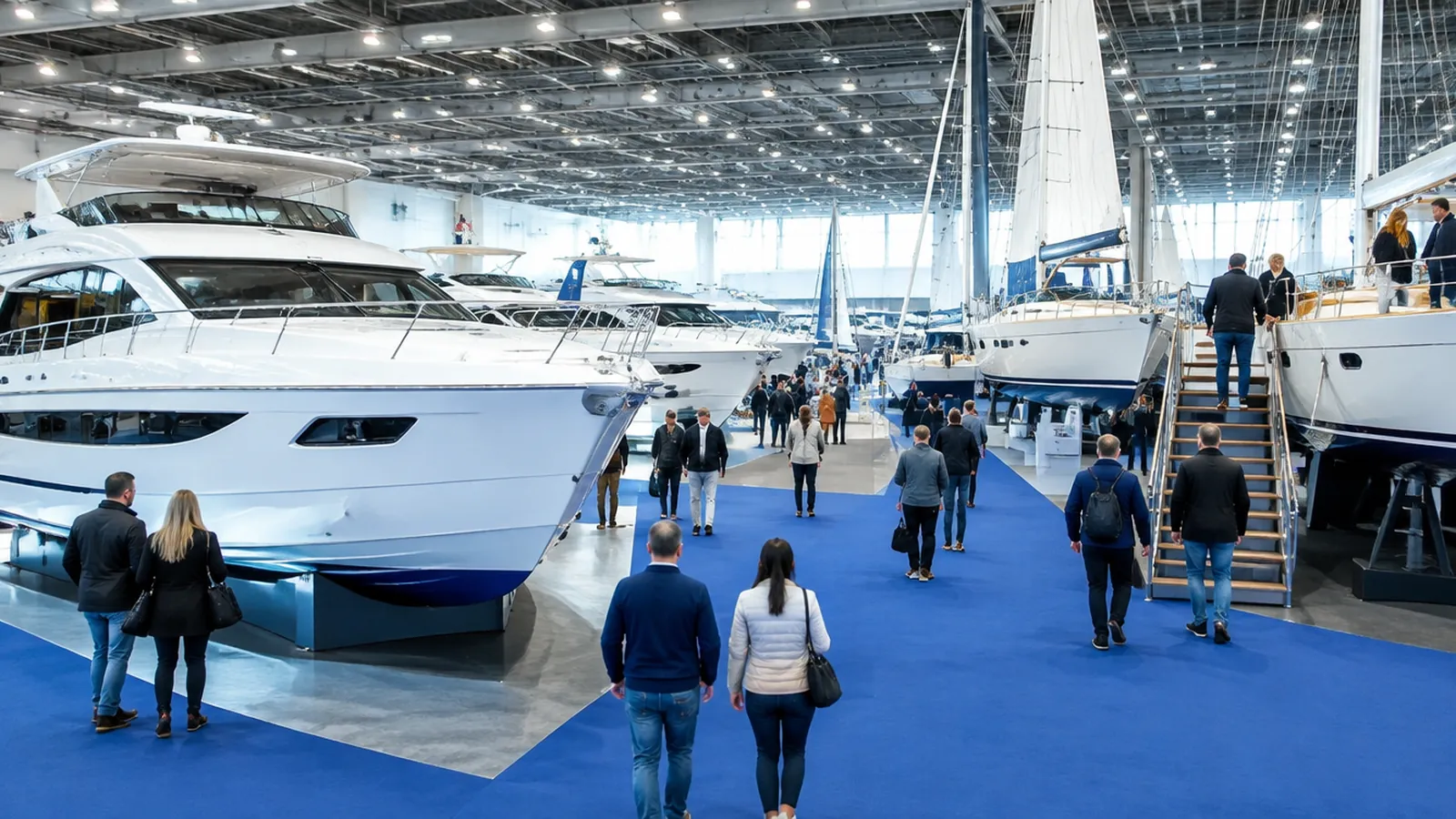 Messehalle mit ausgestellten Motor- und Segelyachten, Besucher gehen zwischen den Booten