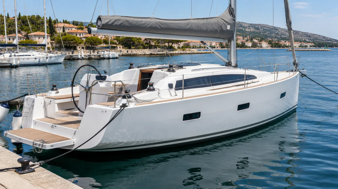 White ten metre cruising yacht with wheel steering and swim platform at a marina pontoon.