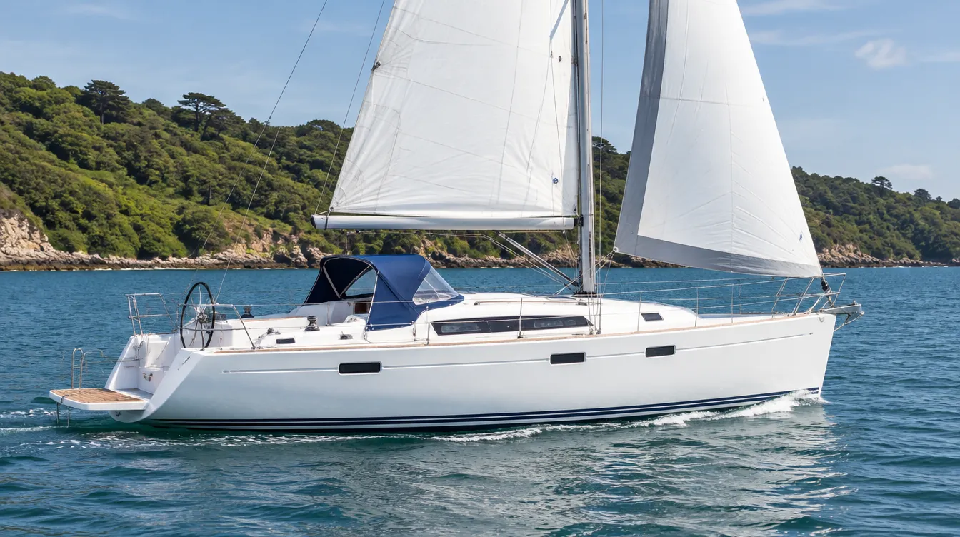 Ten metre cruising yacht with a blue sprayhood under sail off a green coastline.