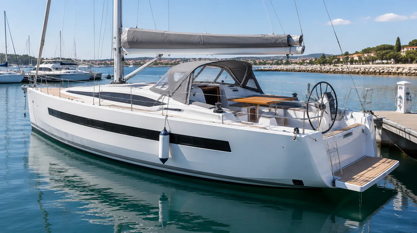 Twelve metre cruising yacht with a large wheel and sprayhood at a finger pier.