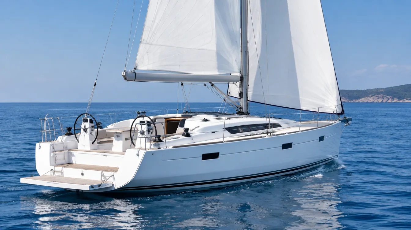 Cruising yacht with twin wheels and a wide stern under sail on a calm sea.