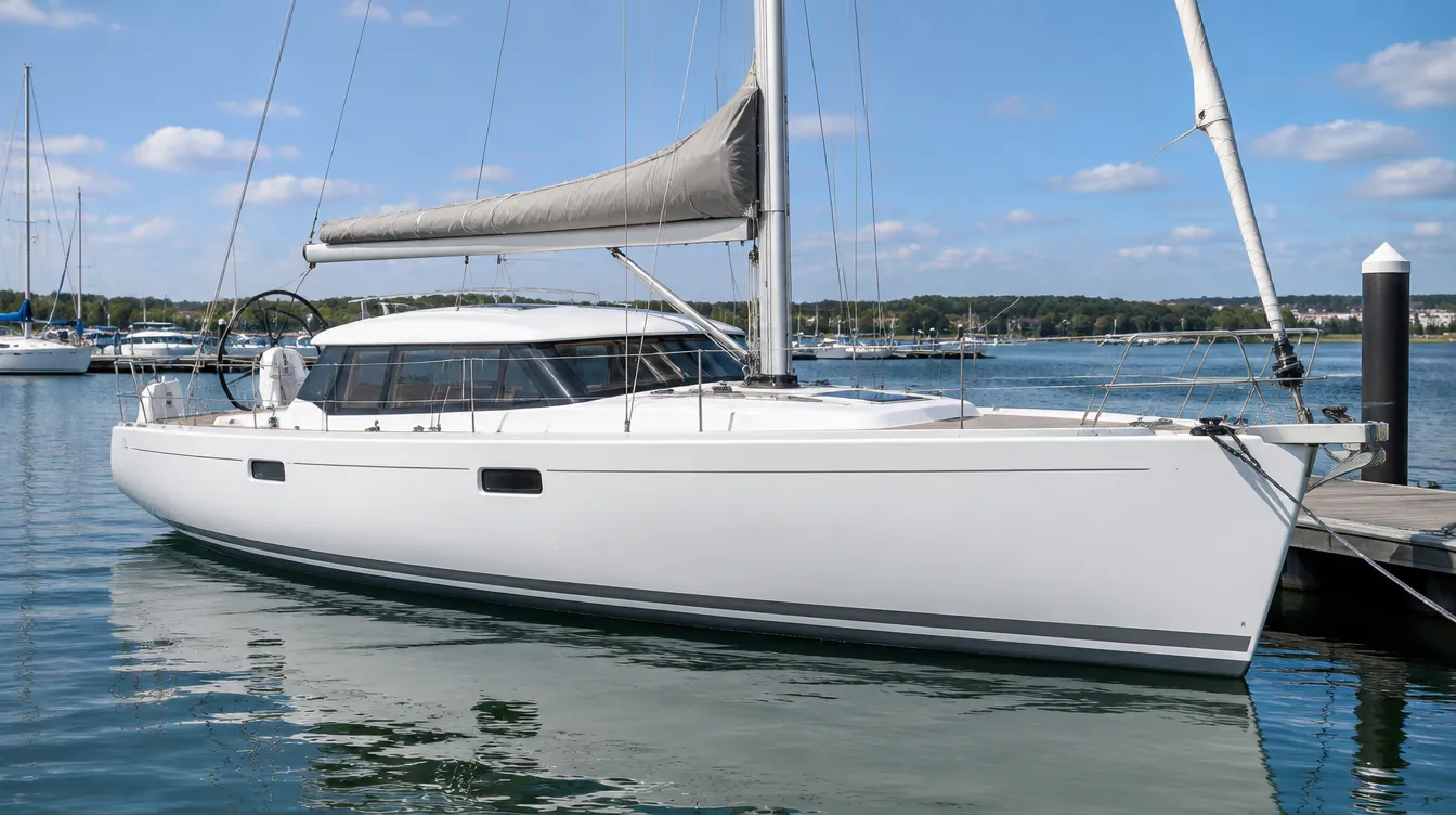 Cruising yacht with a raised deck saloon and large windows at a marina pontoon.