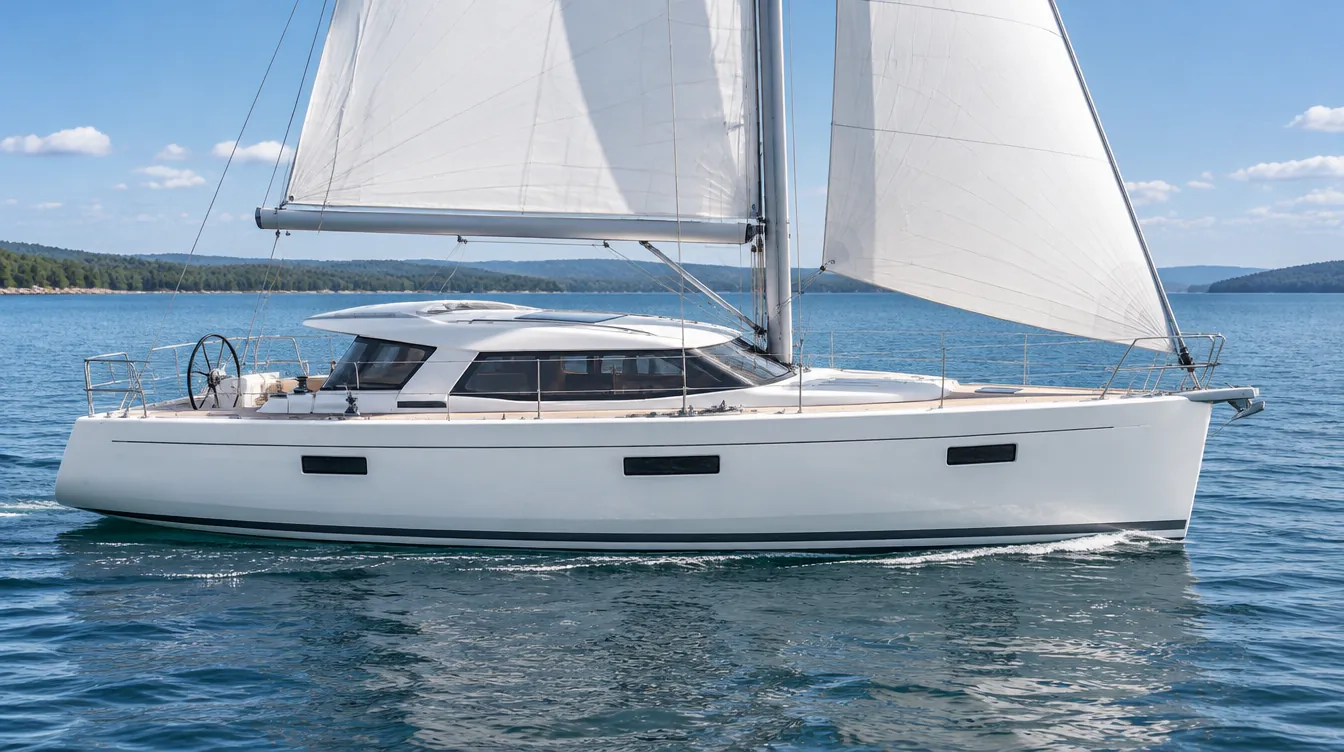 Fourteen metre cruising yacht with a raised saloon and wraparound windows under sail.