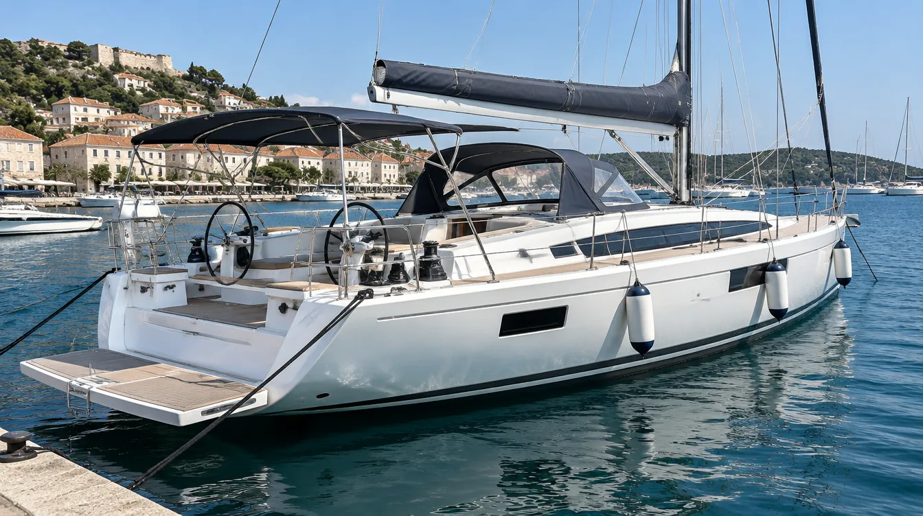 Large 15 metre cruising yacht with twin wheels moored stern-to in a Mediterranean harbour.