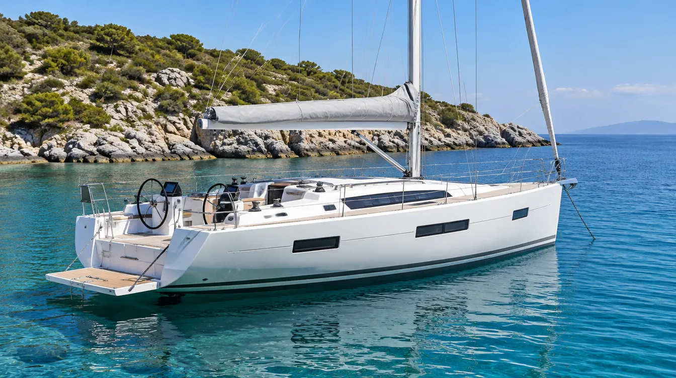 Large modern cruising yacht with hull windows and twin wheels anchored off a rocky island.