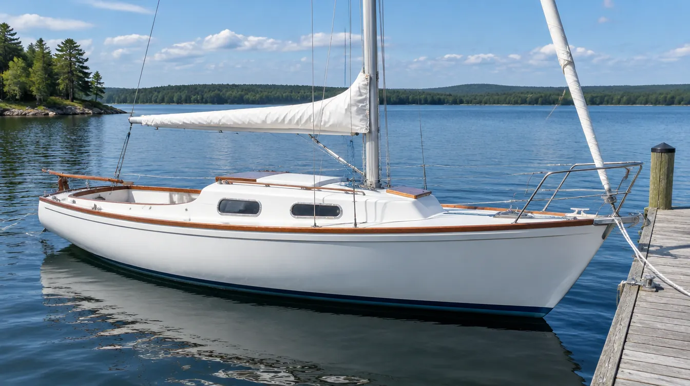 Small 1970s cruising sailboat at a lake jetty.