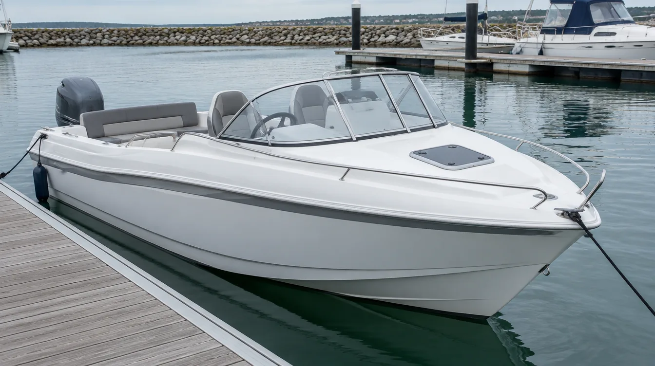 Quicksilver Activ 555 Cabin: small cuddy cabin boat with windscreen, open helm and outboard in a marina.