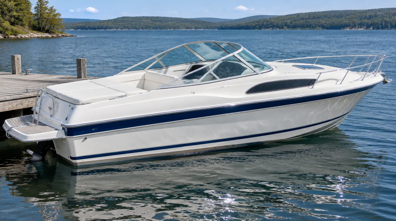 Kajütboot mit Z-Antrieb und dunkelblauen Streifen am Seesteg.