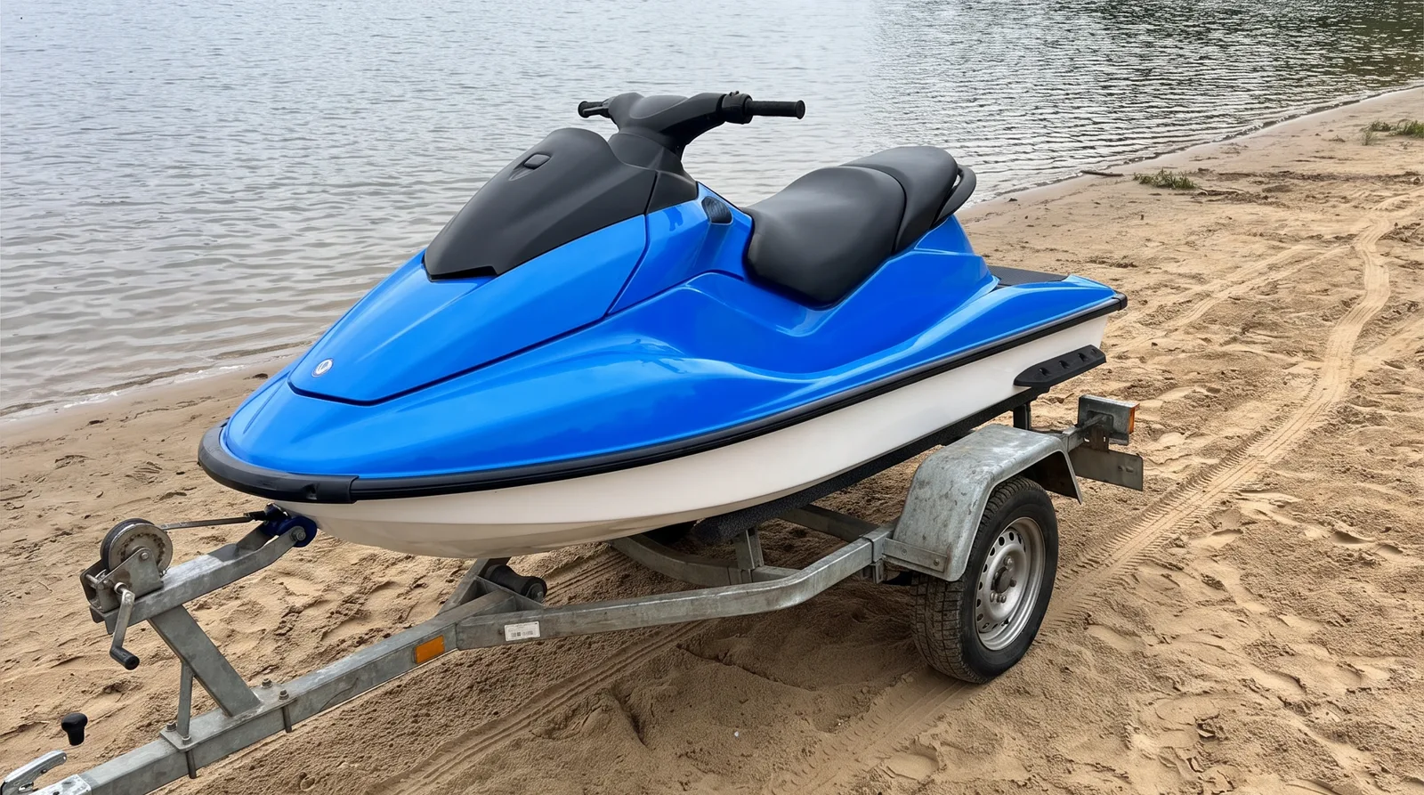 Kleiner, leichter Jetski in Blau und Weiß auf einem Trailer am Sandstrand eines Sees.