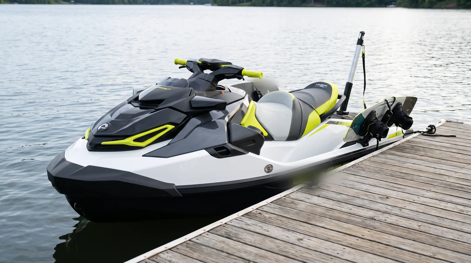 Jet ski with a ski tow pylon and wakeboard rack at a wooden jetty.