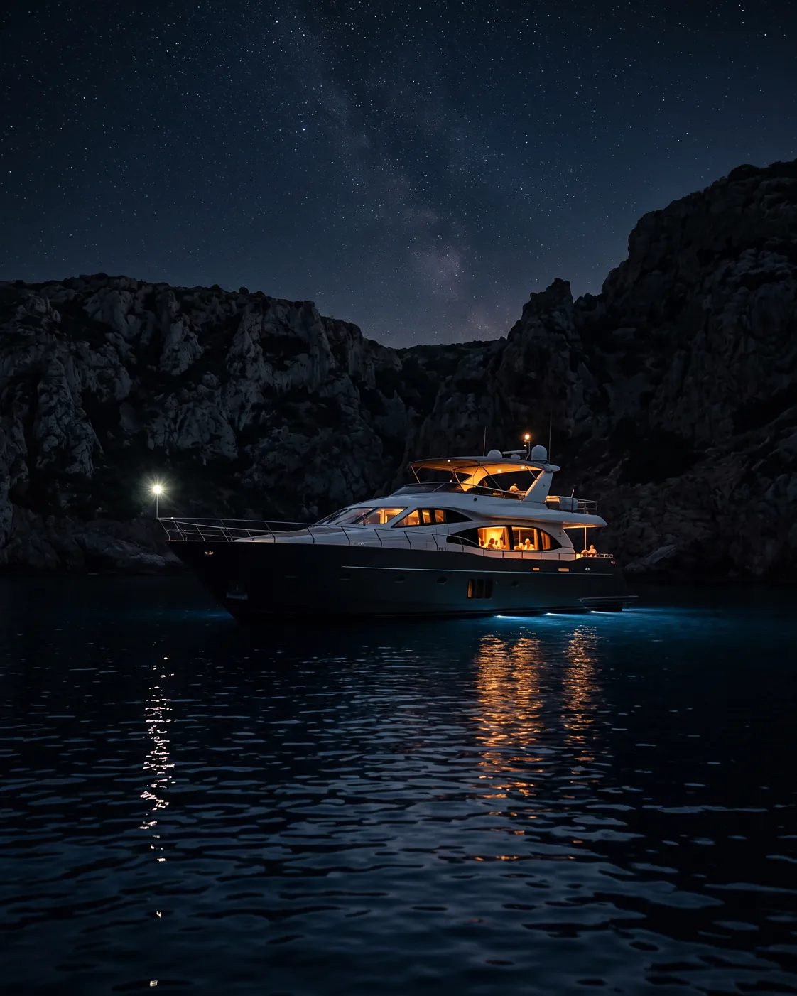 Motoryacht nachts vor Anker in einer dunklen Bucht, Salonlicht an