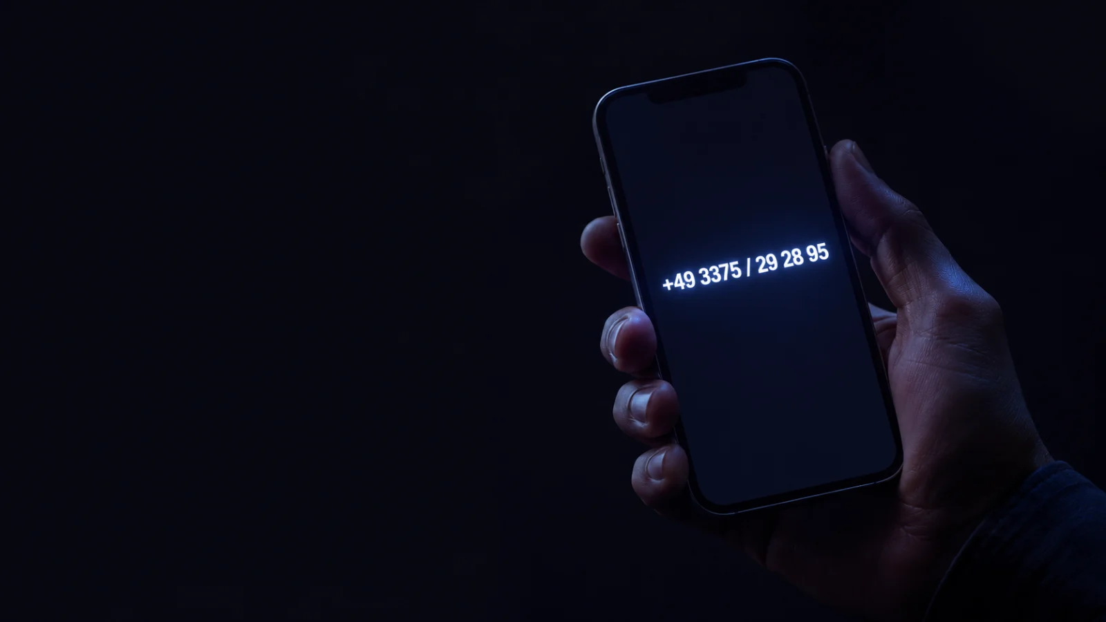 Hand hält ein Telefon im Dunkeln, auf dem Bildschirm die NAMMERT-Notrufnummer
