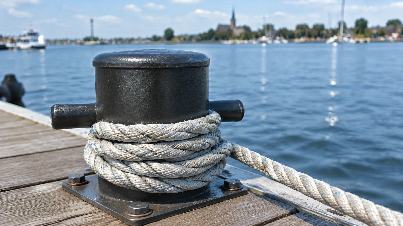Mooring line wrapped around a bollard