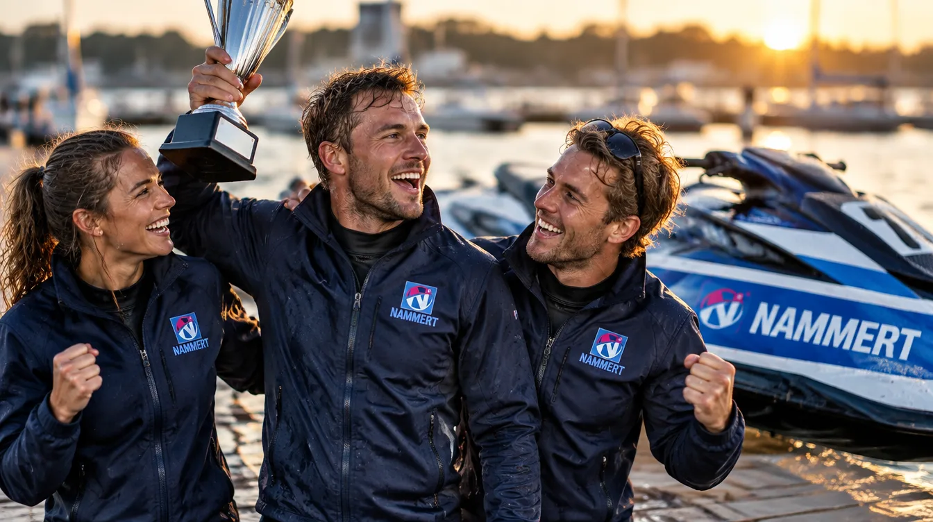 Jubelnde Sieger mit Pokal vor ihren Jetskis