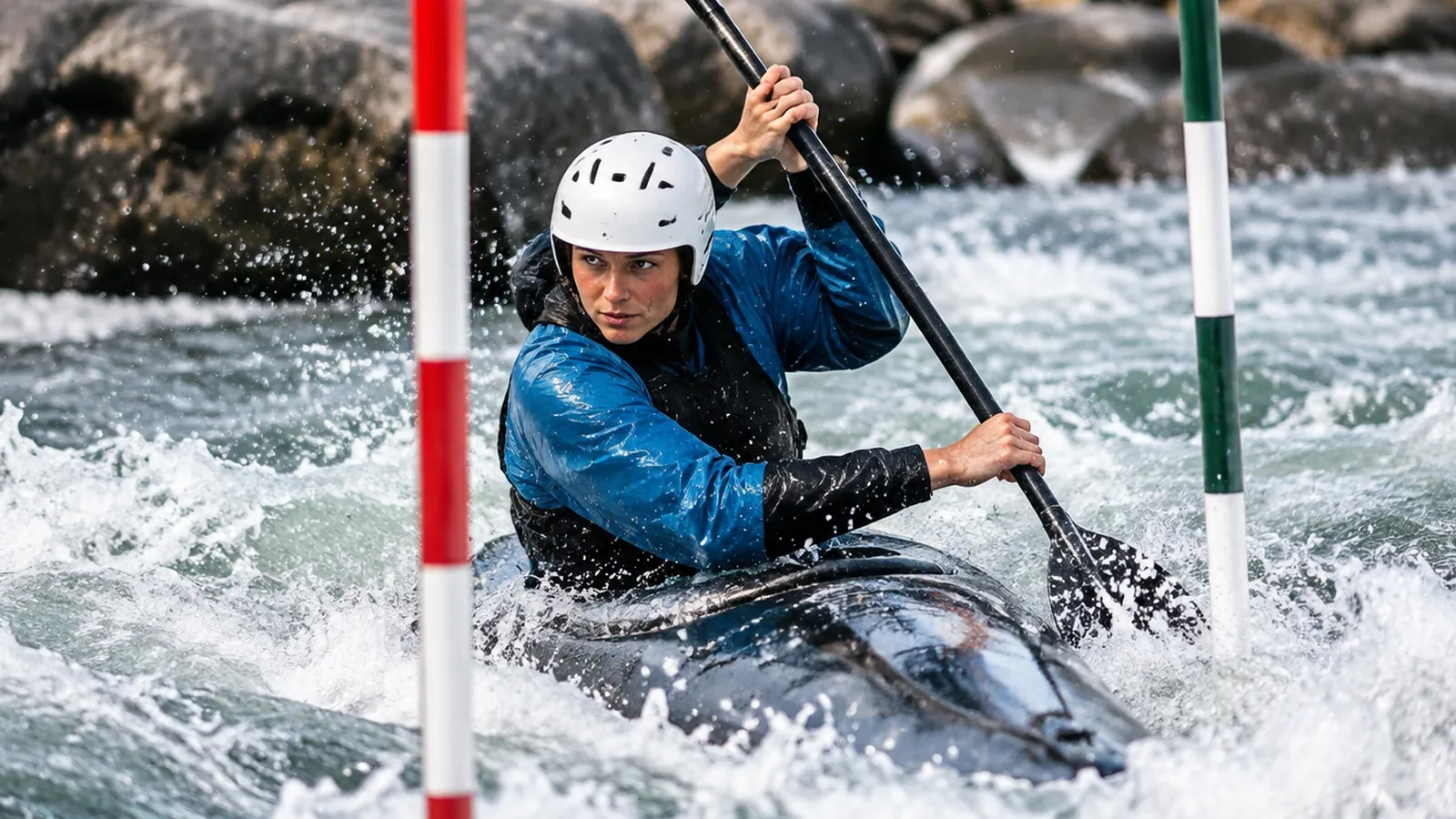 Kanuslalom: Ein Kajakfahrer mit Helm paddelt durch ein Tor im Wildwasser