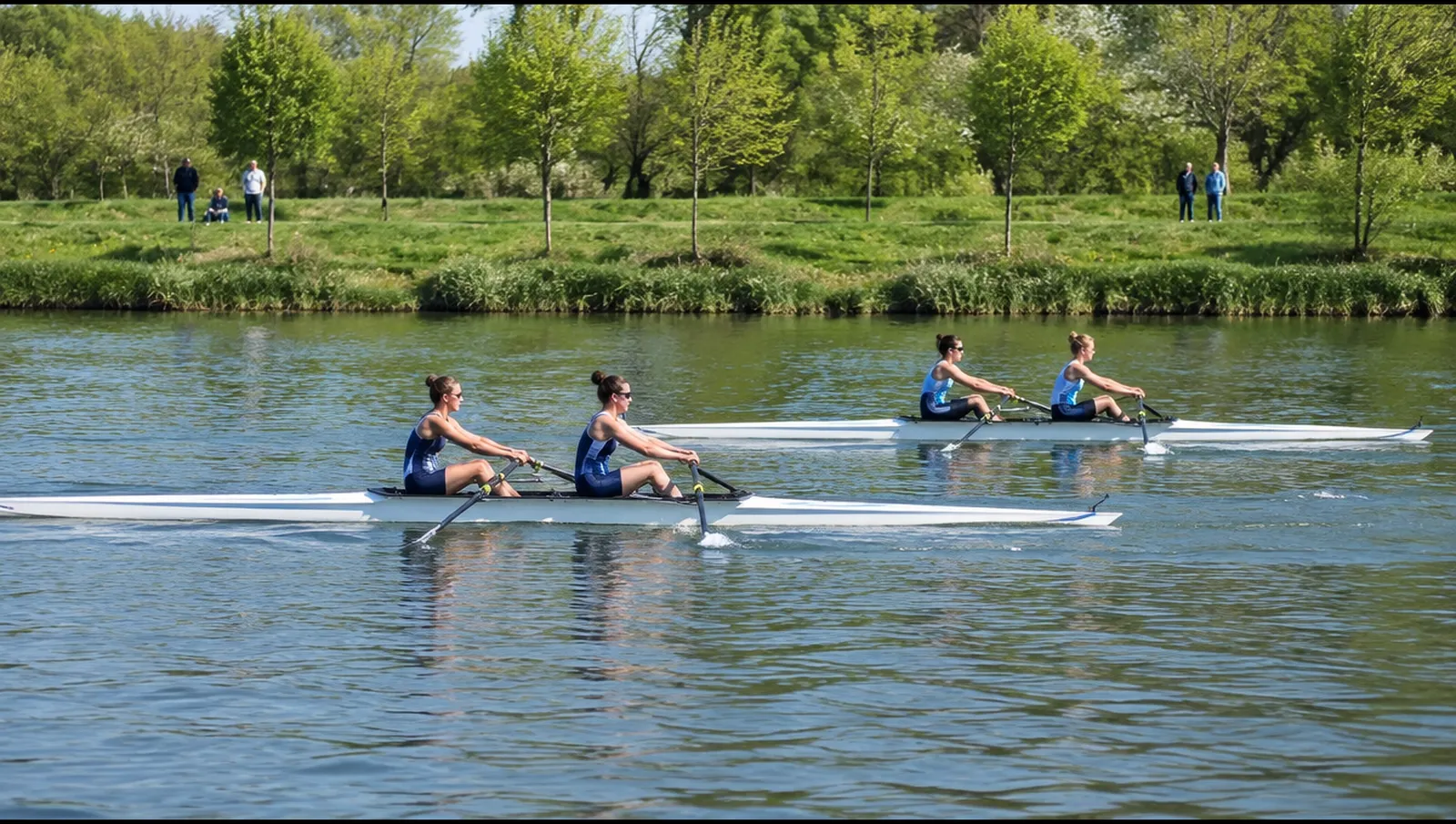 Two double sculls racing side by side on a broad river, Regensburg