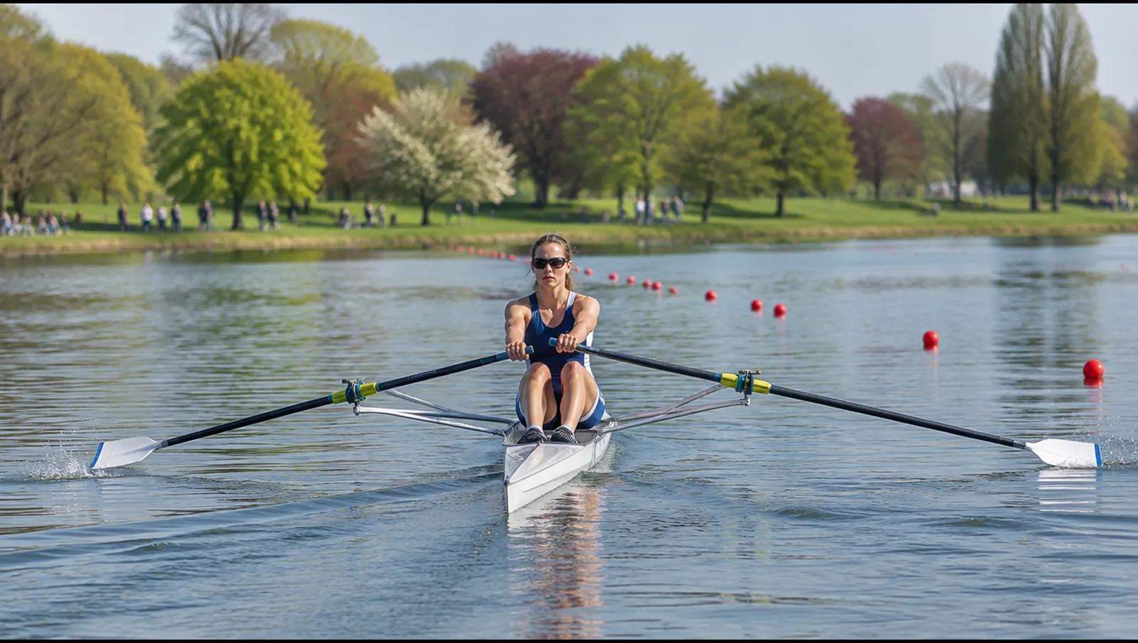 A female sculler racing in a single on a calm city lake, Münster