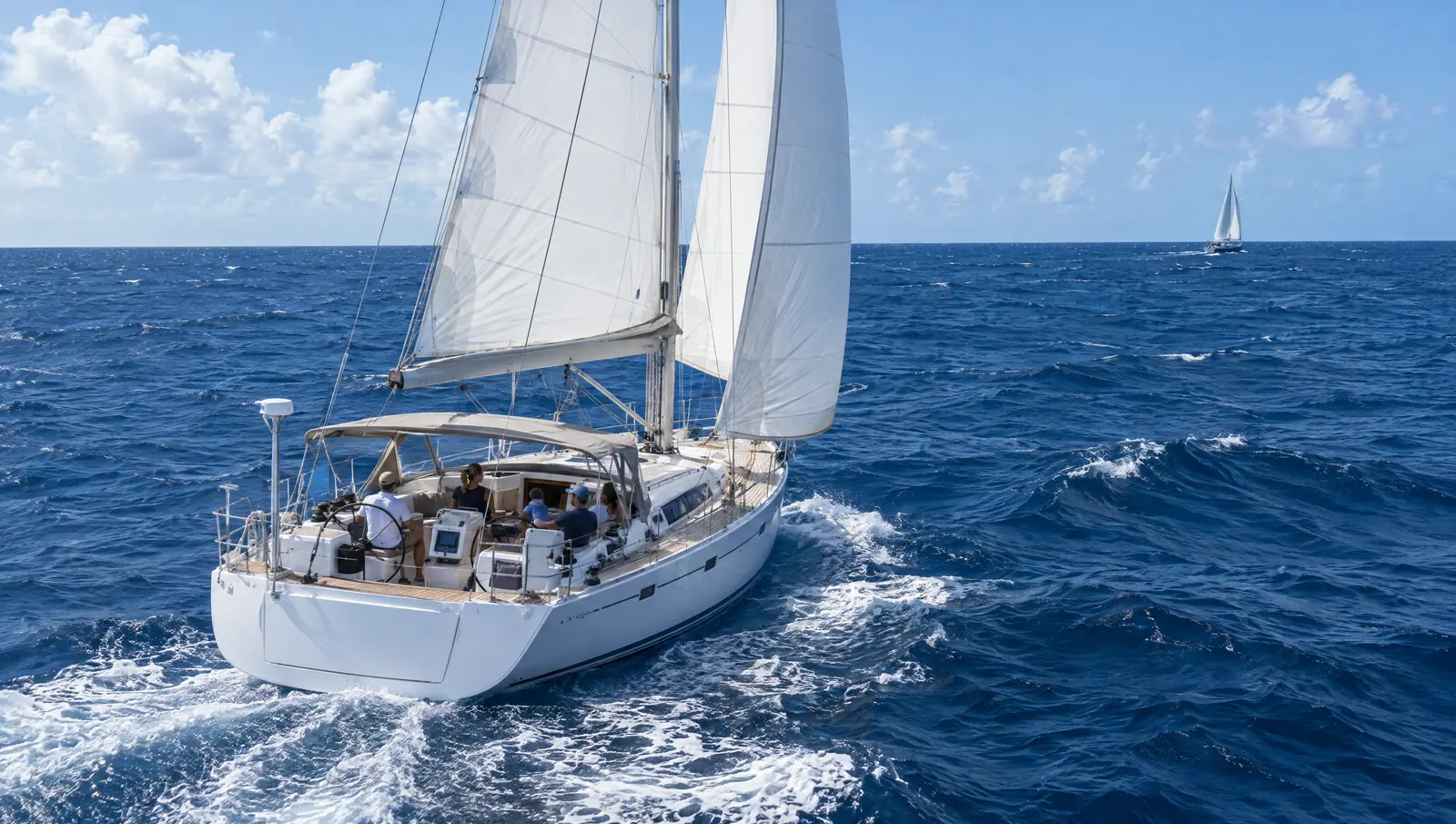 A cruising yacht running downwind across the Atlantic in the trade winds