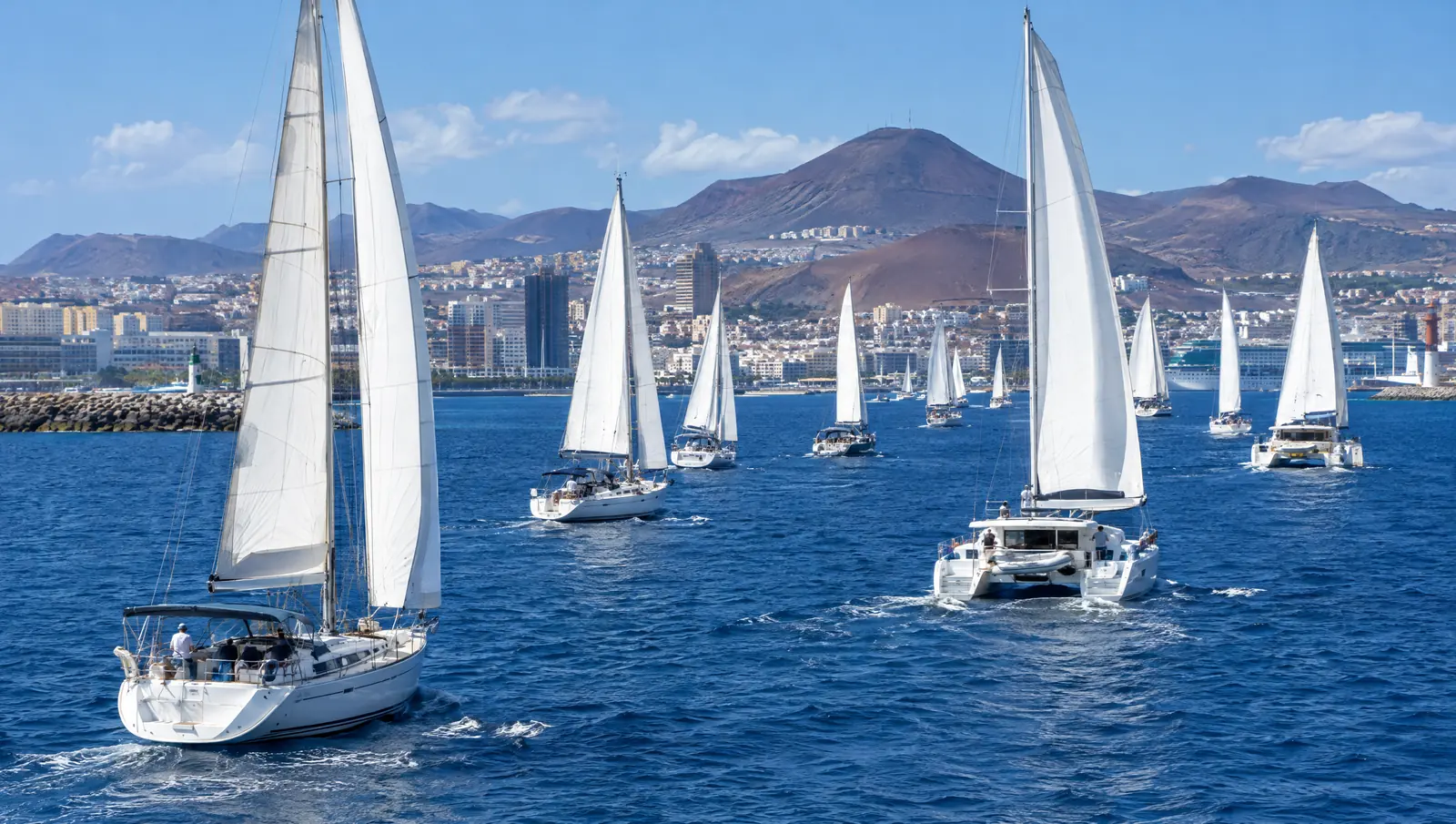 Cruising yachts and catamarans leaving Las Palmas to cross the Atlantic