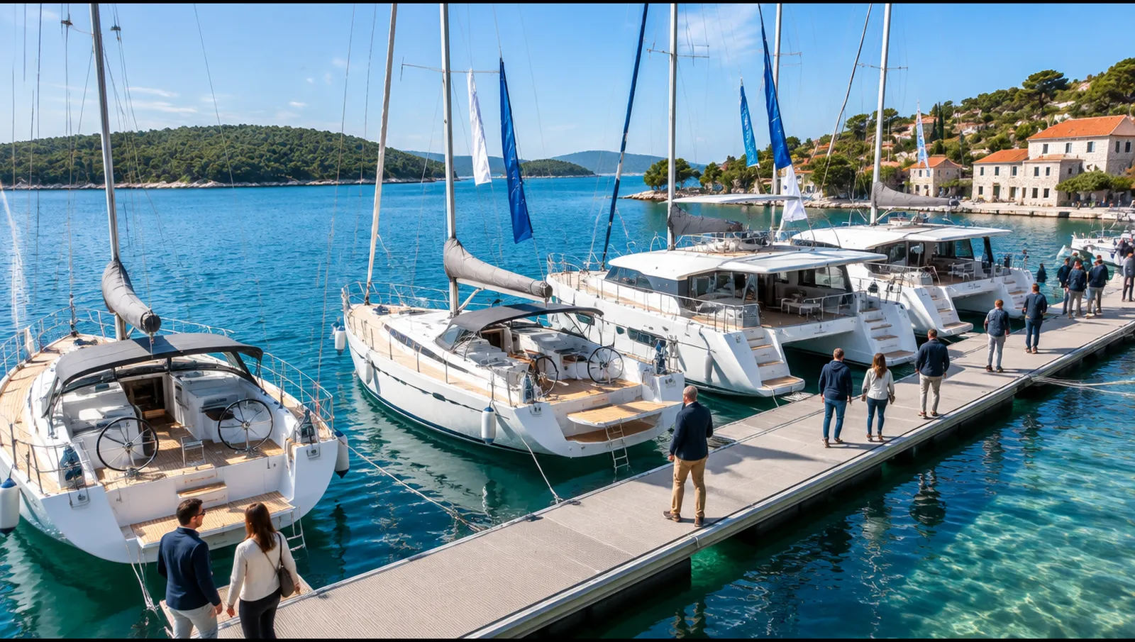 Sailing yachts and catamarans moored along the pontoons of an in-water boat show in an Adriatic marina, Biograd na Moru
