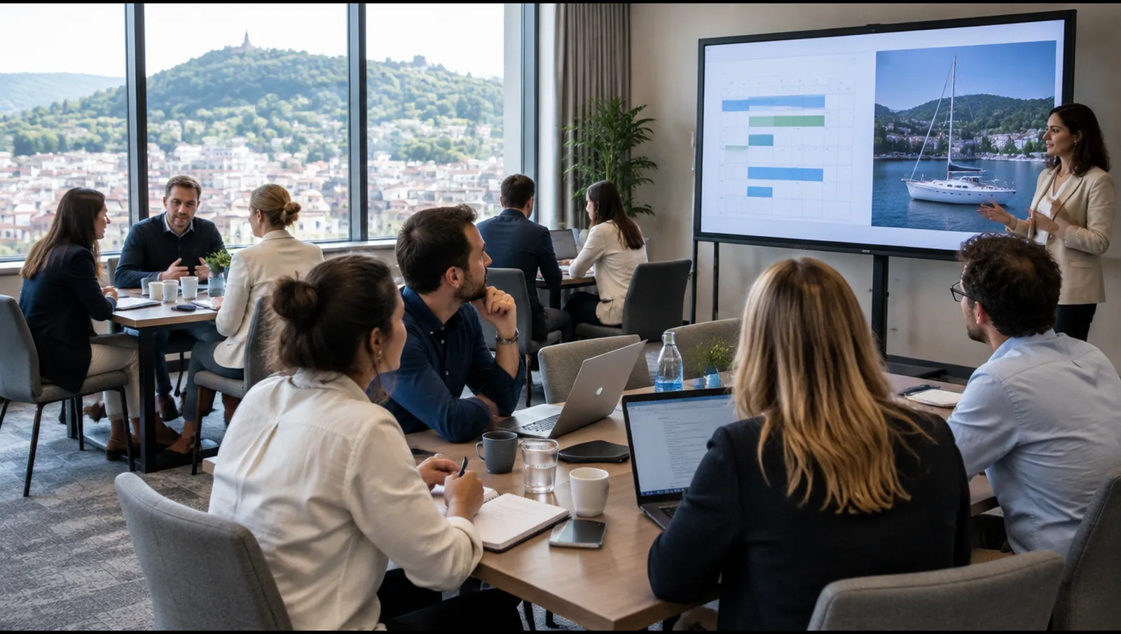 Arbeitsrunde in einem Konferenzraum, Fachleute der Yachtcharter an Tischen mit Laptops, Zagreb