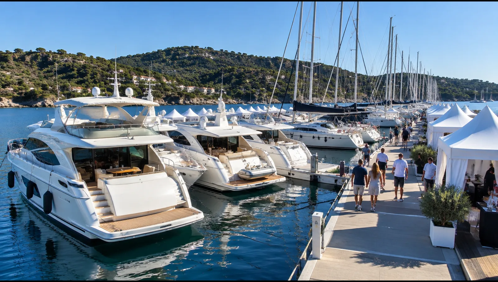 Motor- und Segelyachten liegen an den Stegen einer Bootsmesse im Hafen in der Spätsommersonne, Cannes