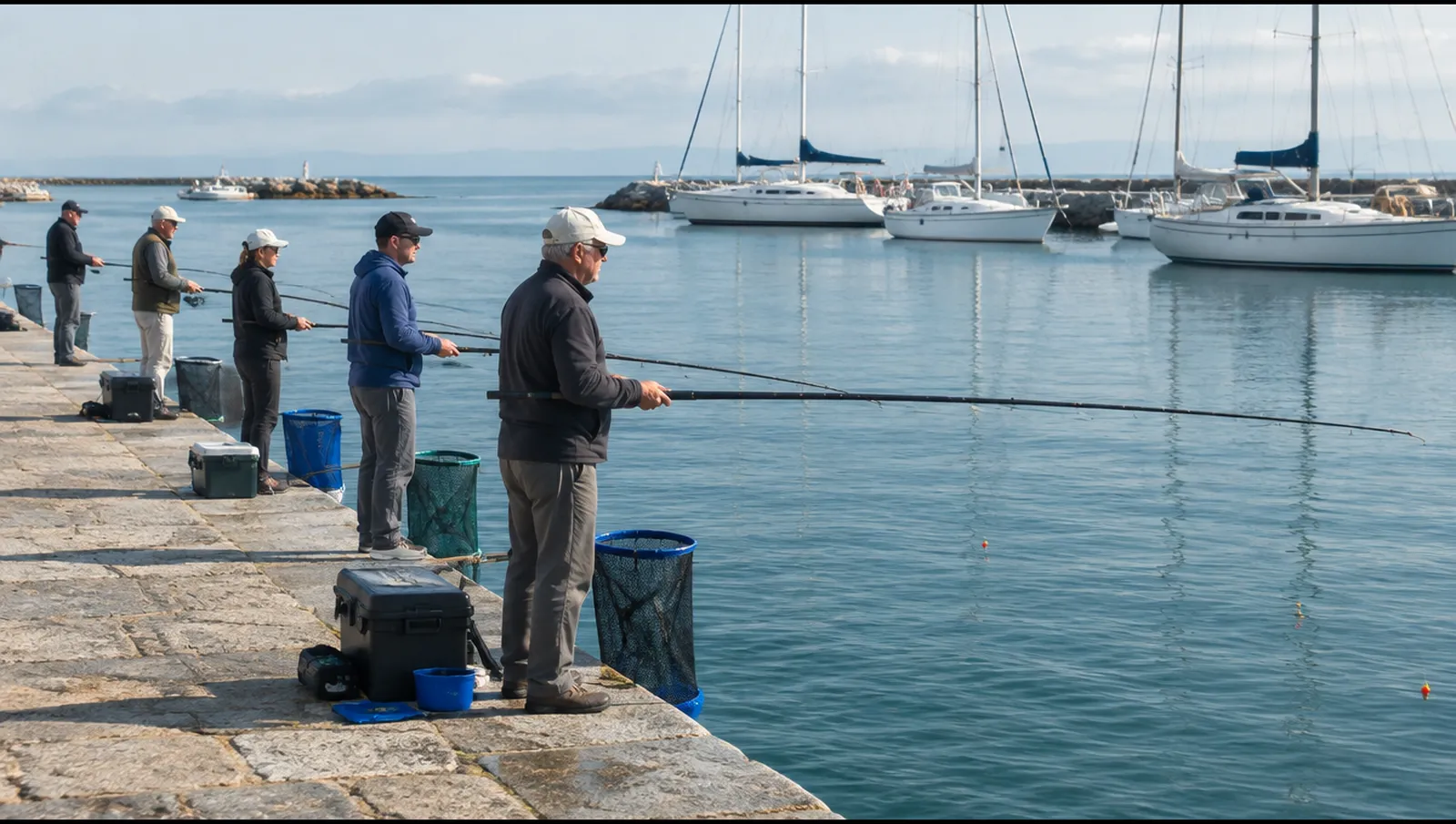 Anglers with long float rods along a harbour quay in the morning, Valencia