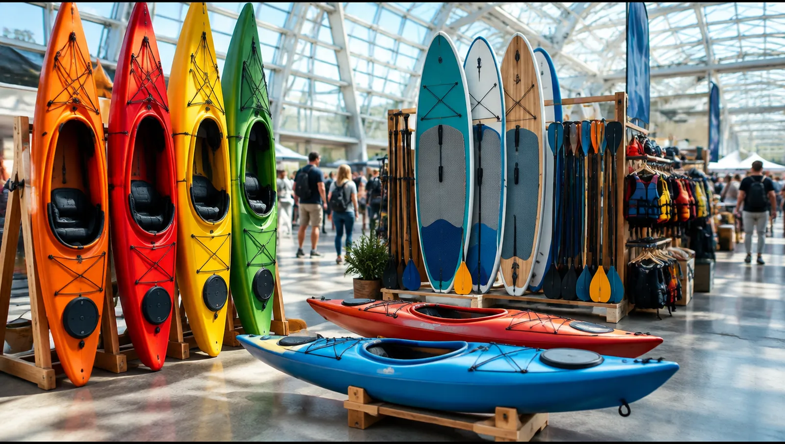 Kayaks and stand-up paddleboards displayed on a stand in a daylit exhibition hall, München