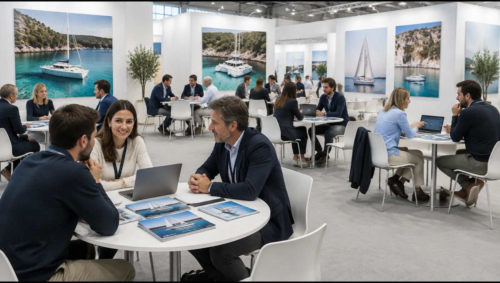 Meeting tables in an exhibition hall where charter companies and agencies hold talks, Amsterdam