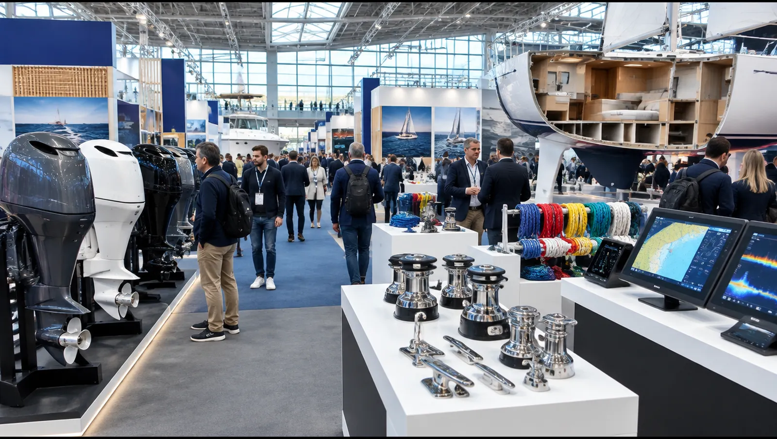 Stands with marine engines, deck hardware and rope in a large exhibition hall, Amsterdam