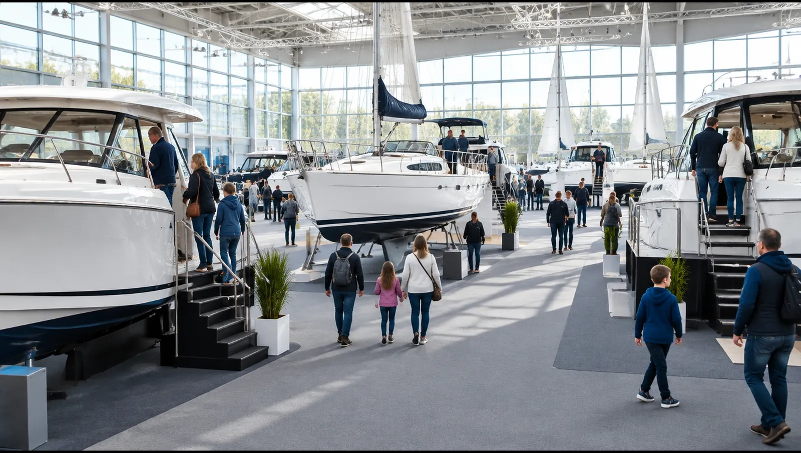 Motorboote und Segelboote auf Ständen in einer hellen Messehalle mit Besuchern, Paris