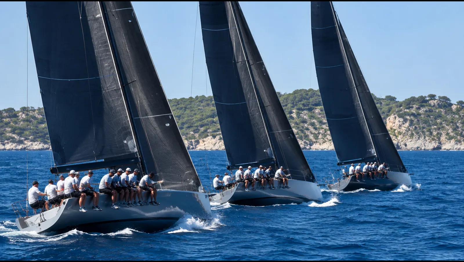 Large grand prix racing yachts with dark sails beating upwind close together in a bay, Puerto Portals