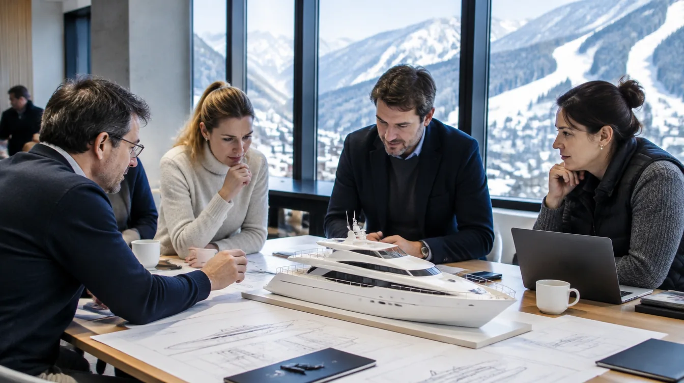 Yacht designers discussing drawings and a white superyacht model at a table, snowy mountains beyond the windows, Kitzbühel