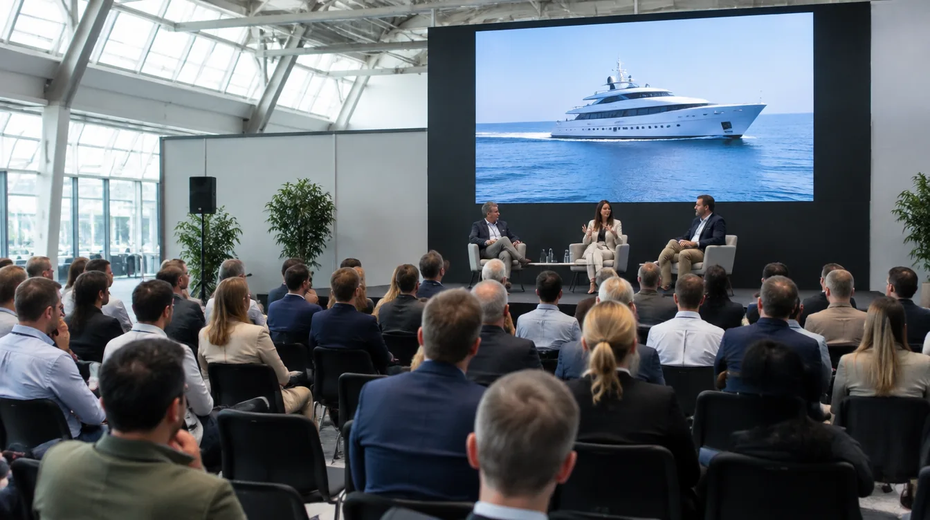 Audience in a conference hall of an exhibition centre listening to a panel, a superyacht on the screen, Amsterdam
