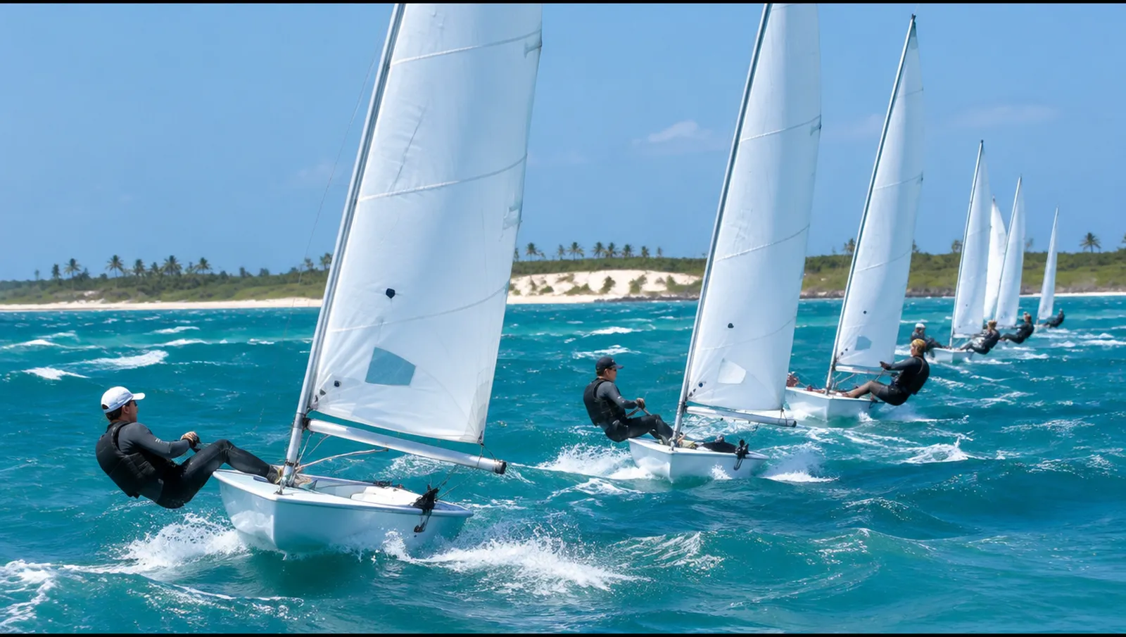 Singlehanded dinghies beating upwind in a fresh trade wind off a tropical coast, Fortaleza