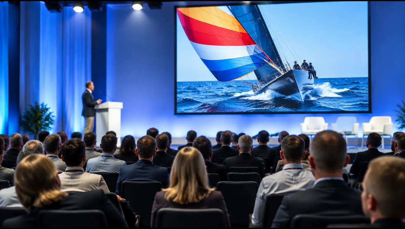 Konferenzsaal mit Bühne und Leinwand, auf der eine Regattayacht unter Gennaker zu sehen ist, Amsterdam