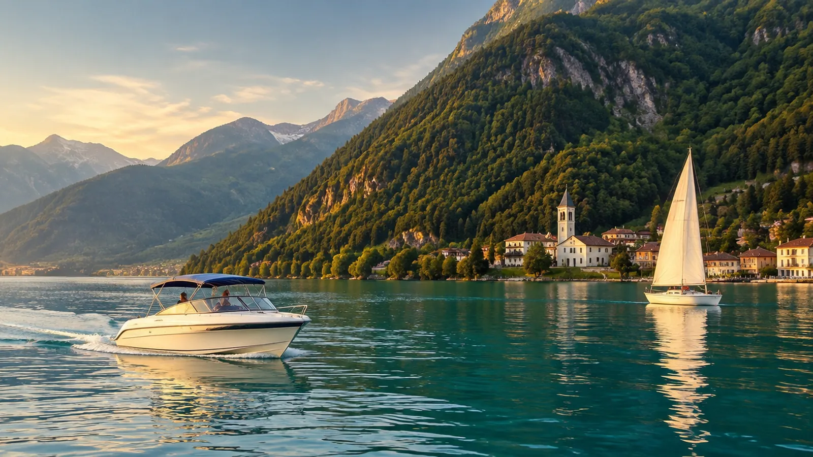 Motorboot und Segelboot auf einem klaren Alpensee, dahinter steile Berge und ein Dorf am Ufer