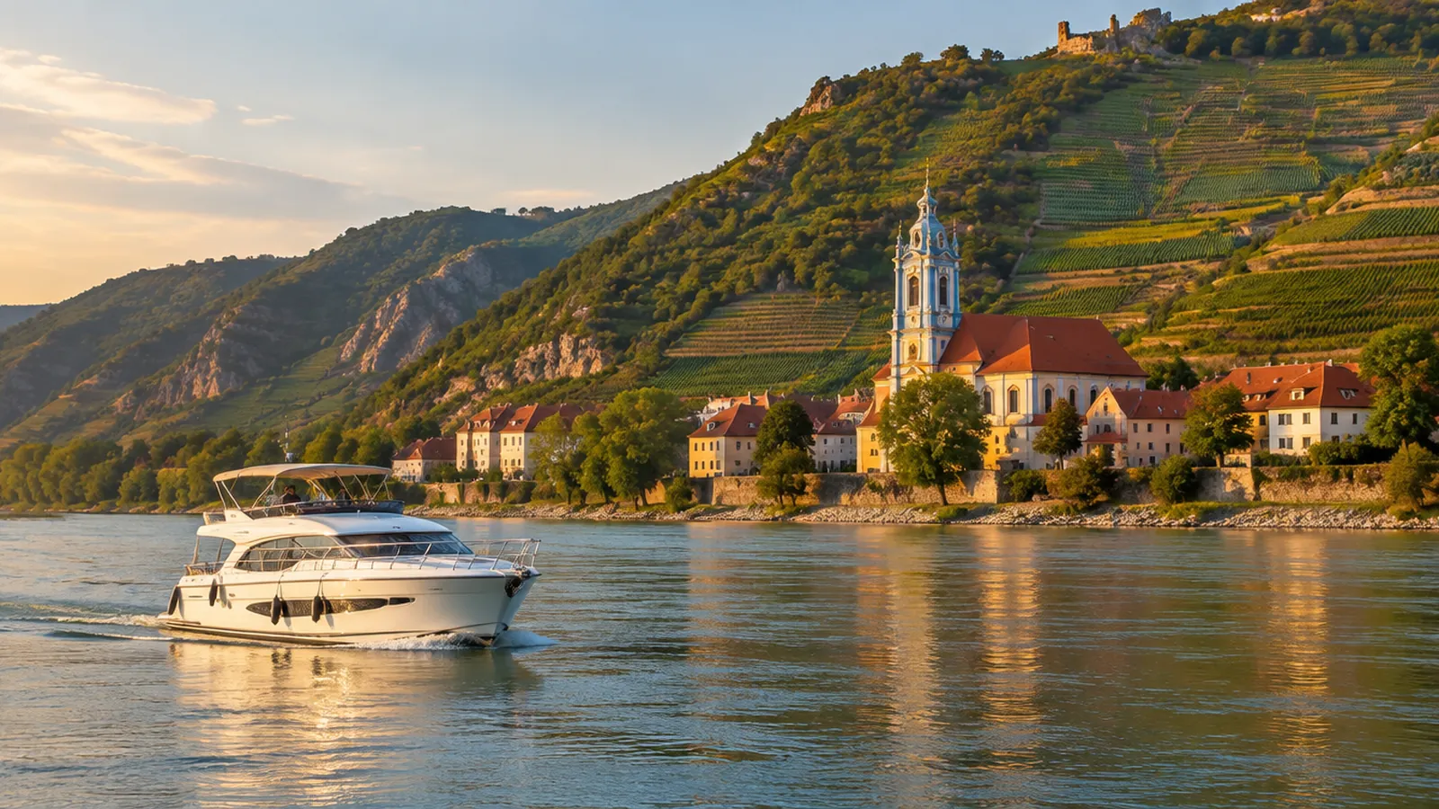 Motorkreuzer auf der Donau in der Wachau, dahinter Weinberge und ein Ort mit Barockkirche
