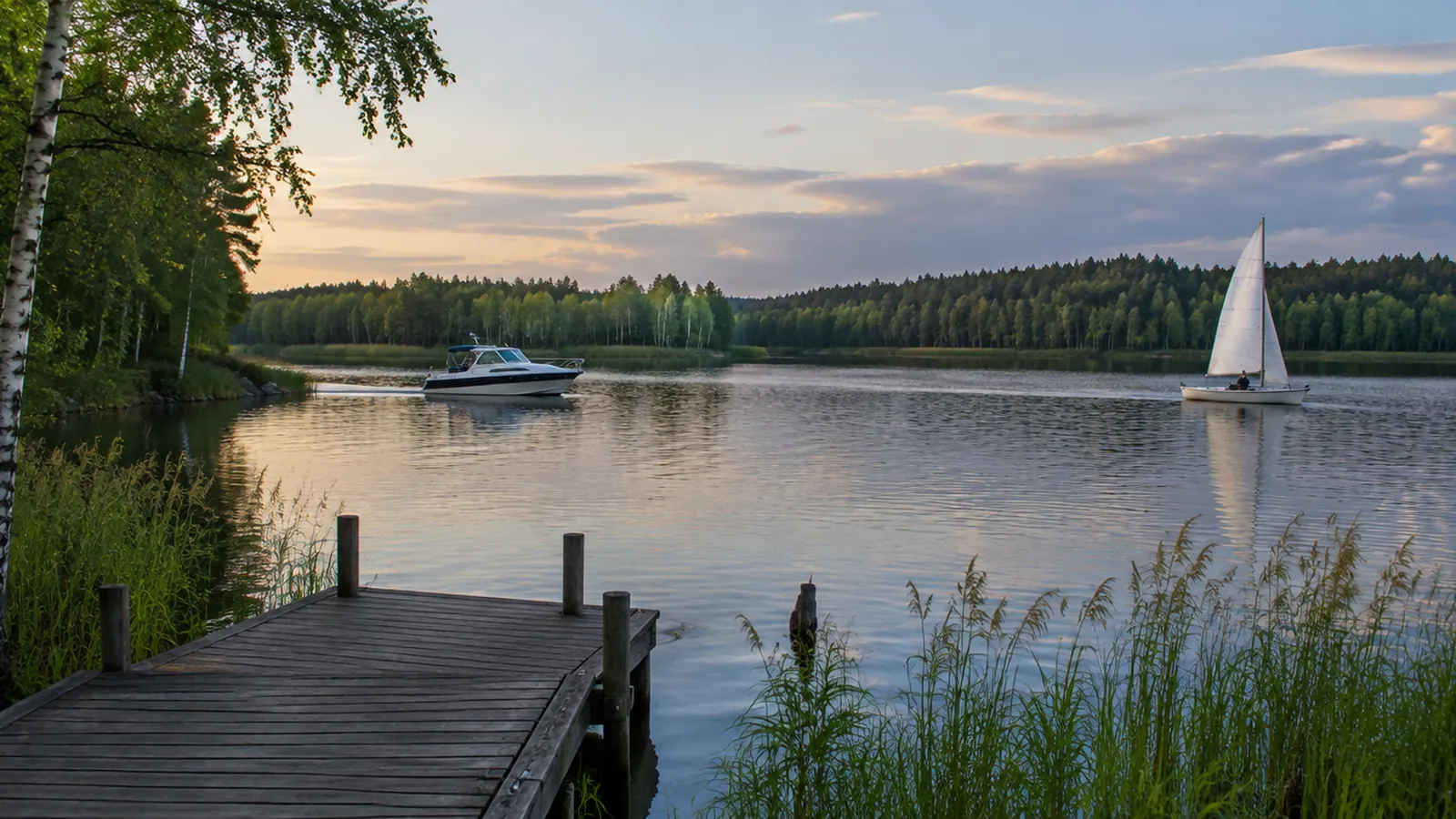 Flacher See mit Schilf und Wald, ein Motorboot und eine Jolle, vorn ein Holzsteg