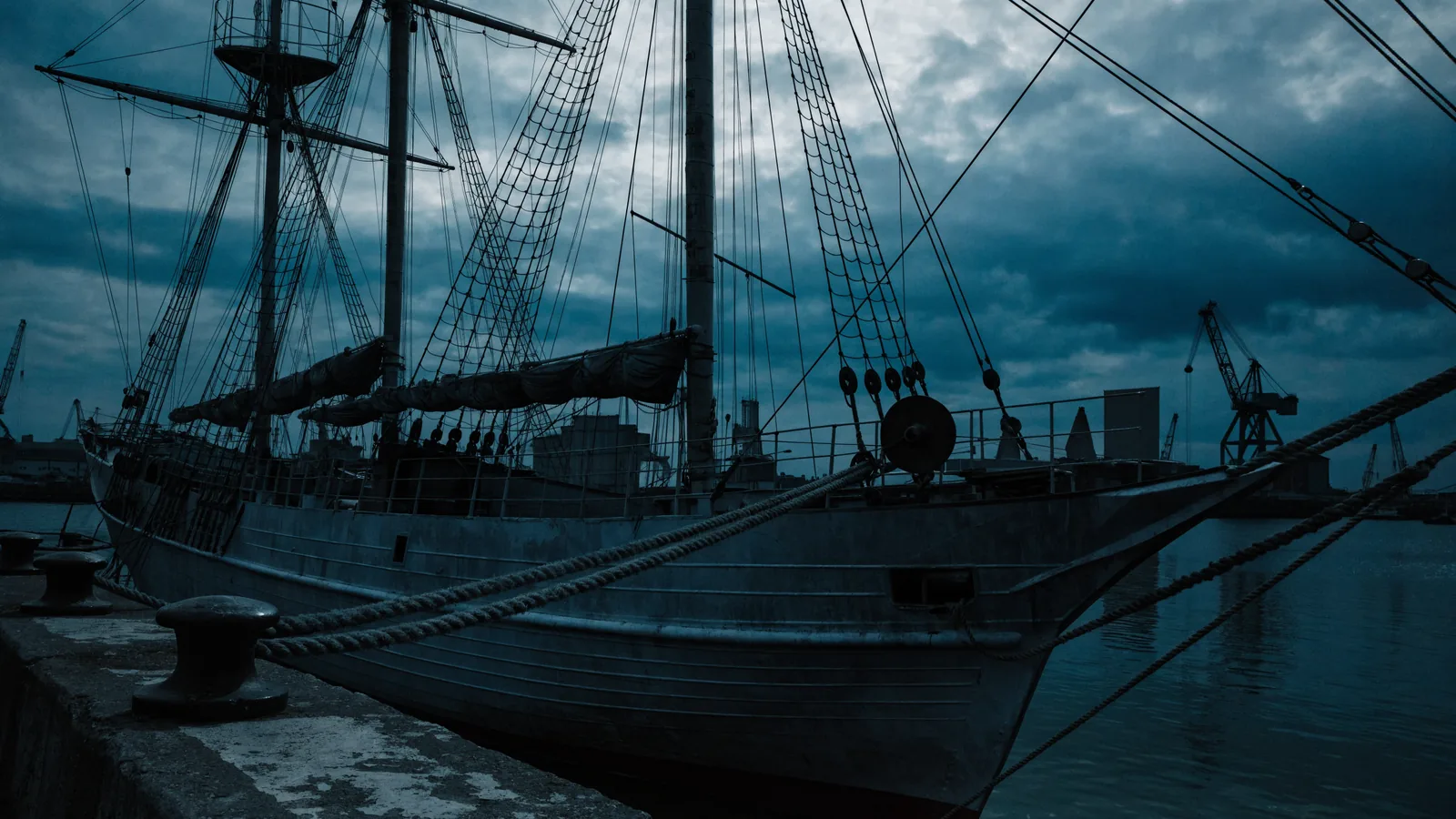 Traditionsschiff mit Masten im Hafen vertaeut